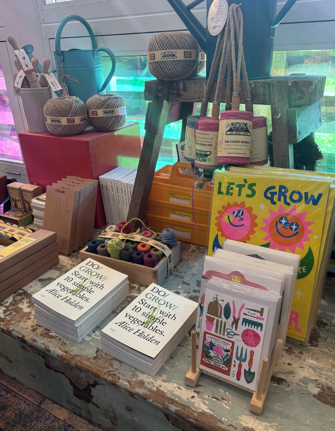 Indoor shop display with yarn balls, gardening books, colorful pamphlets, and craft supplies on a distressed wooden table.