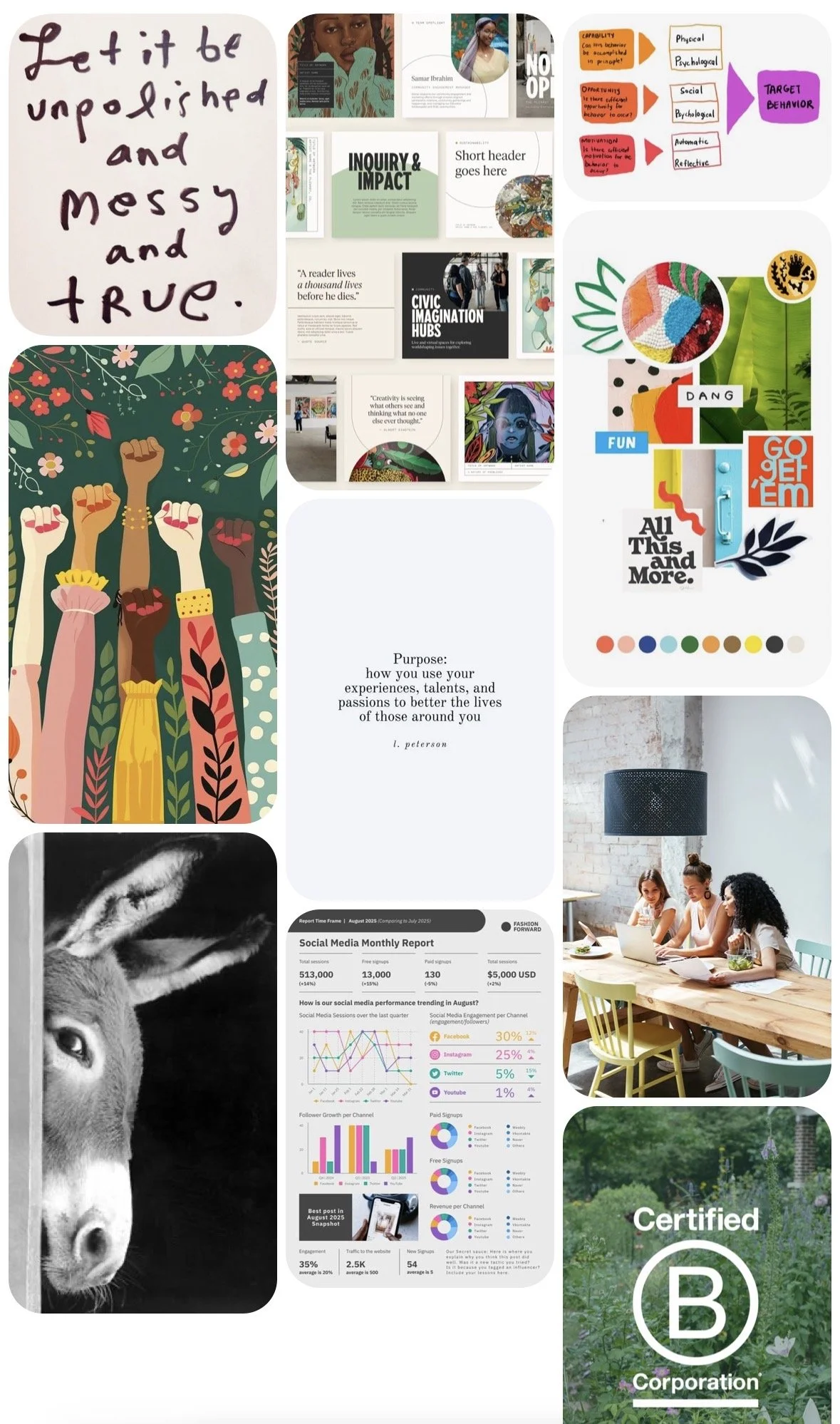 A collage of various images including handwritten text that says 'Let it be unpolished and messy and true', protest fists raised, a lion's face, an office group working, colorful artwork and charts, and a certification badge for 'B Corporation'.