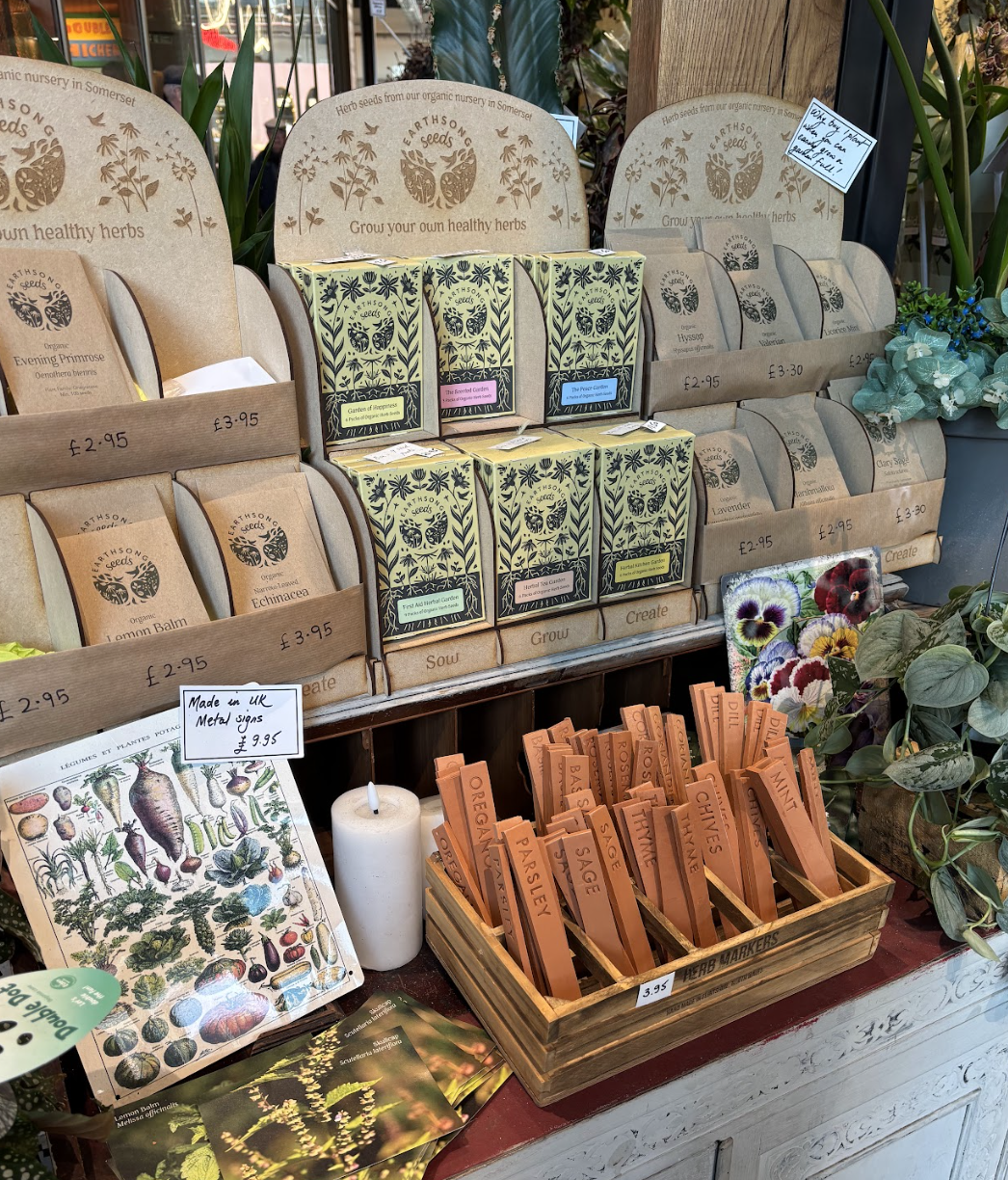 Display of organic herb seed packets, herb markers in a wooden box labeled and colorfully printed, and a vintage-style botanical illustration of vegetables and herbs at a nursery or garden shop.