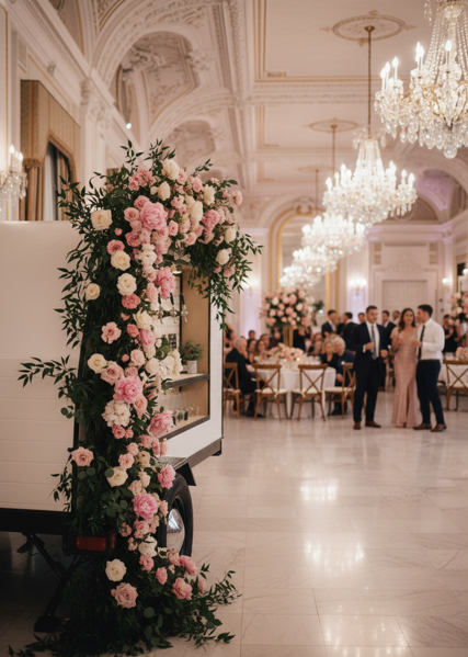Elegant banquet hall with large chandeliers, decorated for a wedding or formal event, featuring a flower cart with pink and white roses and guests mingling in the background.