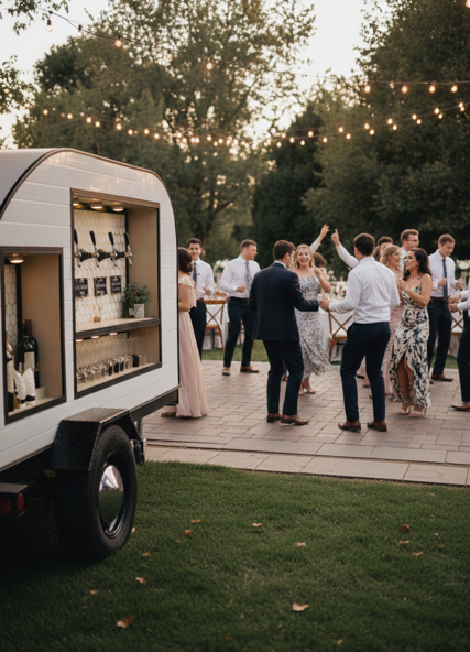 People dancing and socializing outdoors at a party with string lights, near a mobile bar trailer.
