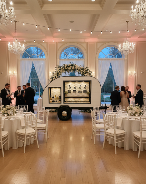 Elegant wedding reception in a spacious, well-lit hall with white tablecloths, floral centerpieces, and guests socializing near a mobile bar cart decorated with flowers.