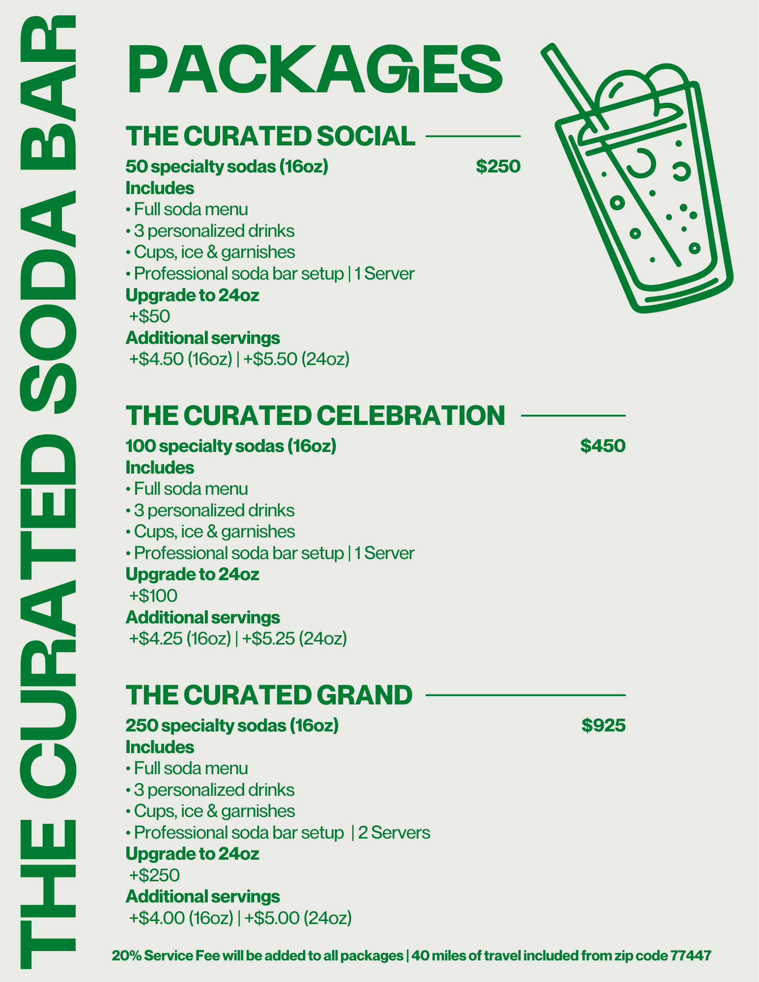 Menu outlining soda packages with options for curating social gatherings, celebrations, and grand events, including soda varieties, sizes, prices, and setup details.