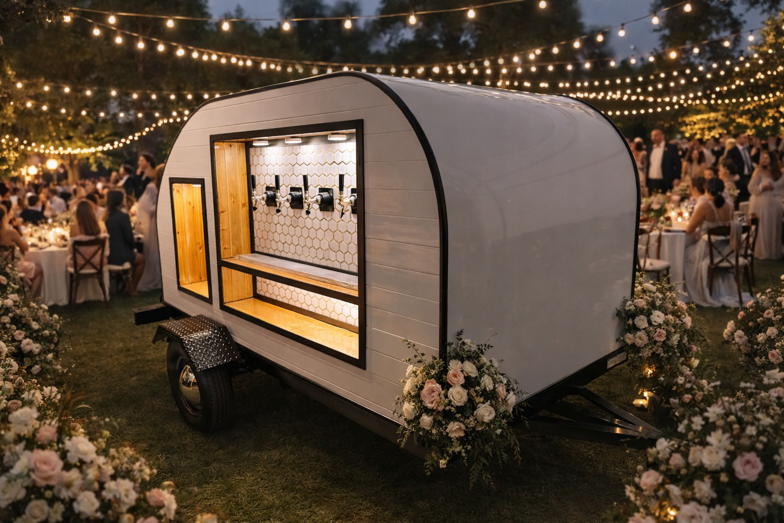 A mobile bar trailer decorated with flowers is set up at an outdoor evening event, surrounded by tables with seated guests under string lights.