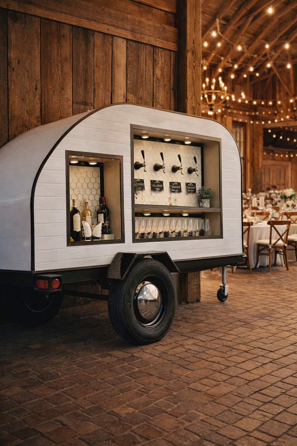 A mobile bar trailer with a white exterior, set up inside a rustic barn with wooden walls and string lights overhead, featuring wine bottles, tap handles, and glasses on display.