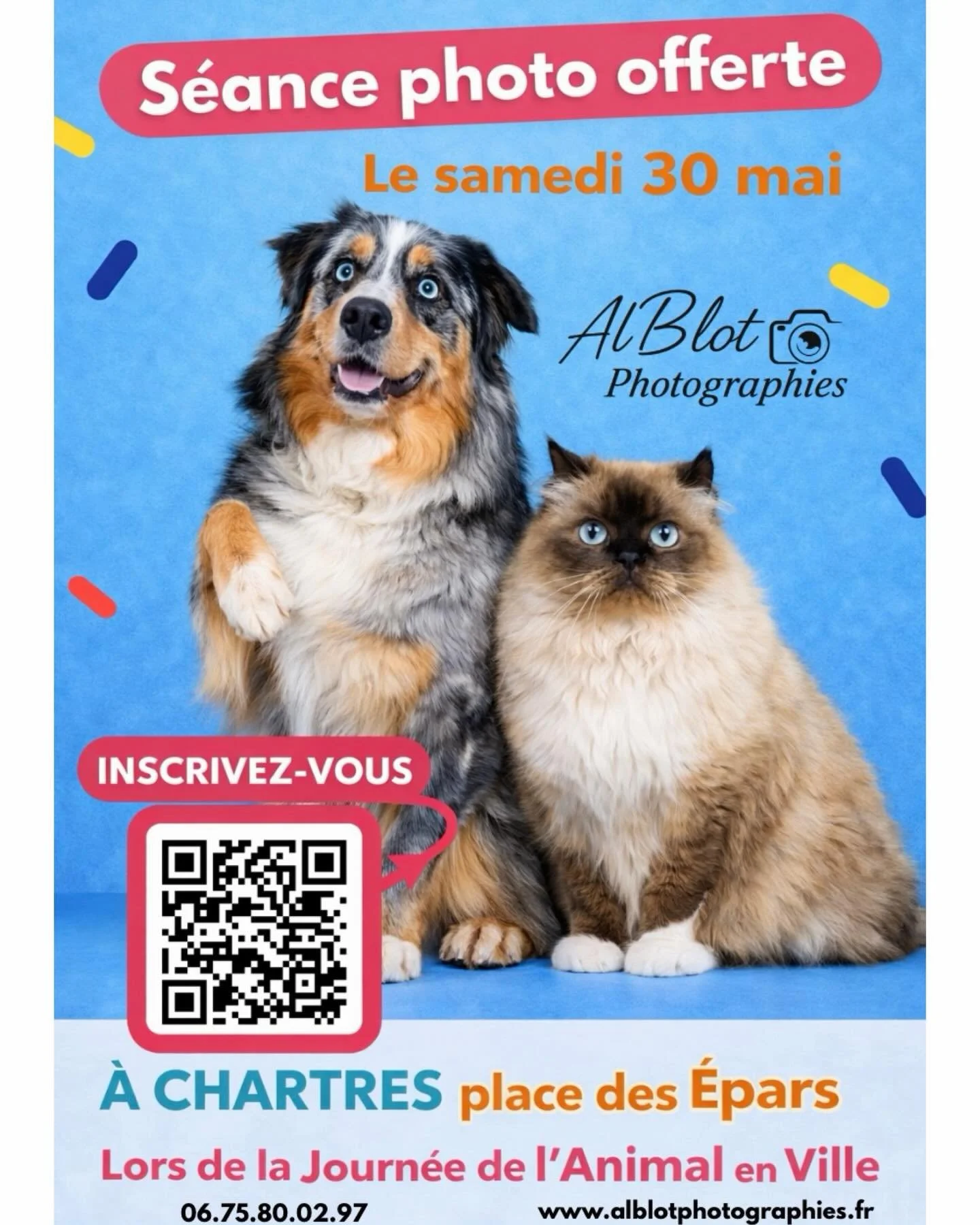 Inscrivez-vous gratuitement &agrave; une s&eacute;ance photo professionnelle d&eacute;di&eacute;e &agrave; votre animal de compagnie 🐶🐱

📍 Je serai pr&eacute;sente lors de la Journ&eacute;e de l&rsquo;Animal en Ville 2026
&agrave; Chartres &ndash;