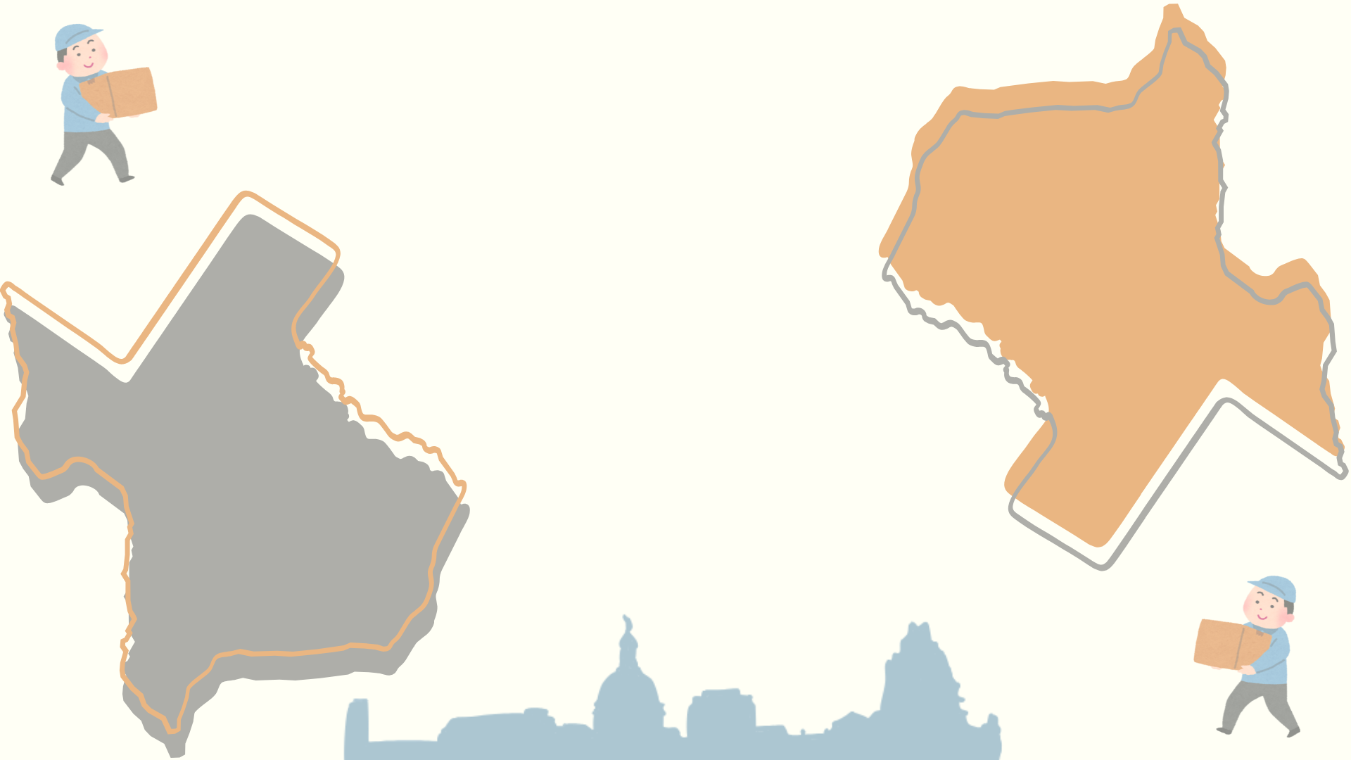 Illustration of two map shapes of the United States, one gray and one tan, with two cartoon figures delivering boxes in the corners, and a silhouette of the Washington D.C. skyline at the bottom.
