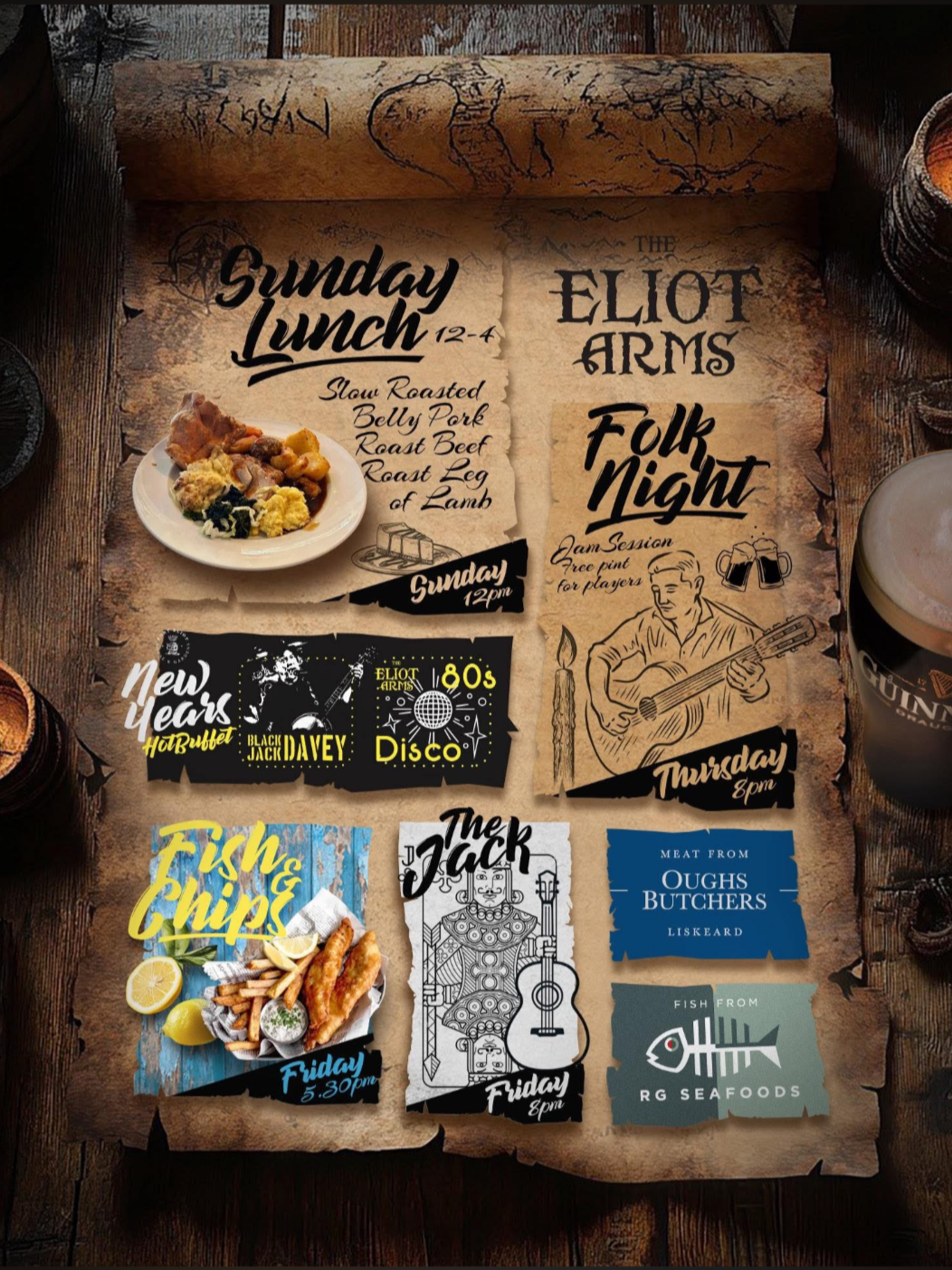 An event poster on a rustic wooden table advertising different themed nights at The Eliot Arms, including Sunday Lunch, Folk Night, New Year's Hot Buffet, 80s Disco, Fish & Chips, and The Jack. The poster features images, drawings, and colorful text 