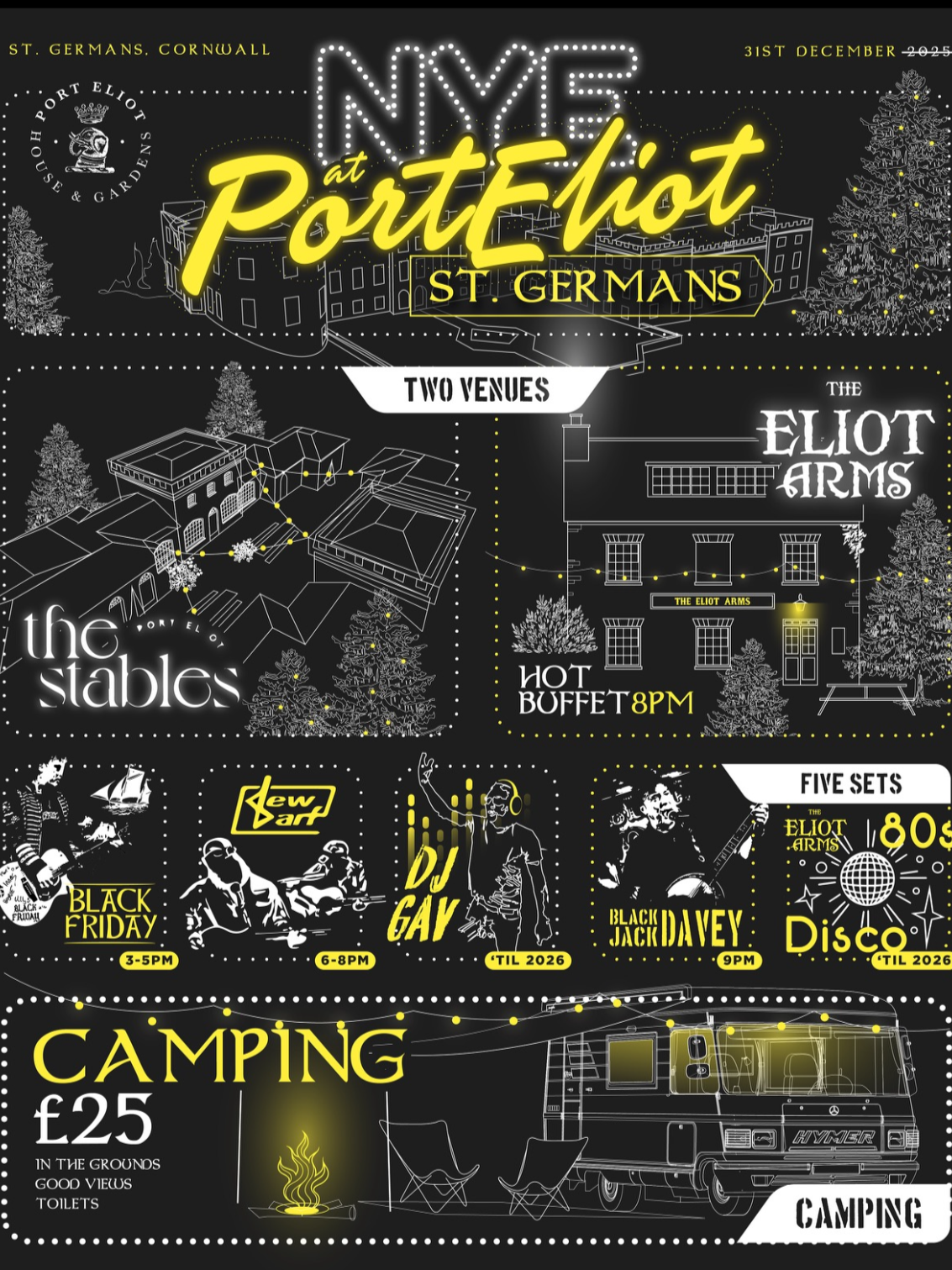 A promotional poster for New Year's Eve celebration at Port Eliot, St. Germans, Cornwall on December 31st. It features two main venues: the Stables and the Eliot Arms, with event details like live music, DJs, and a hot buffet at 8 PM. It also adverti