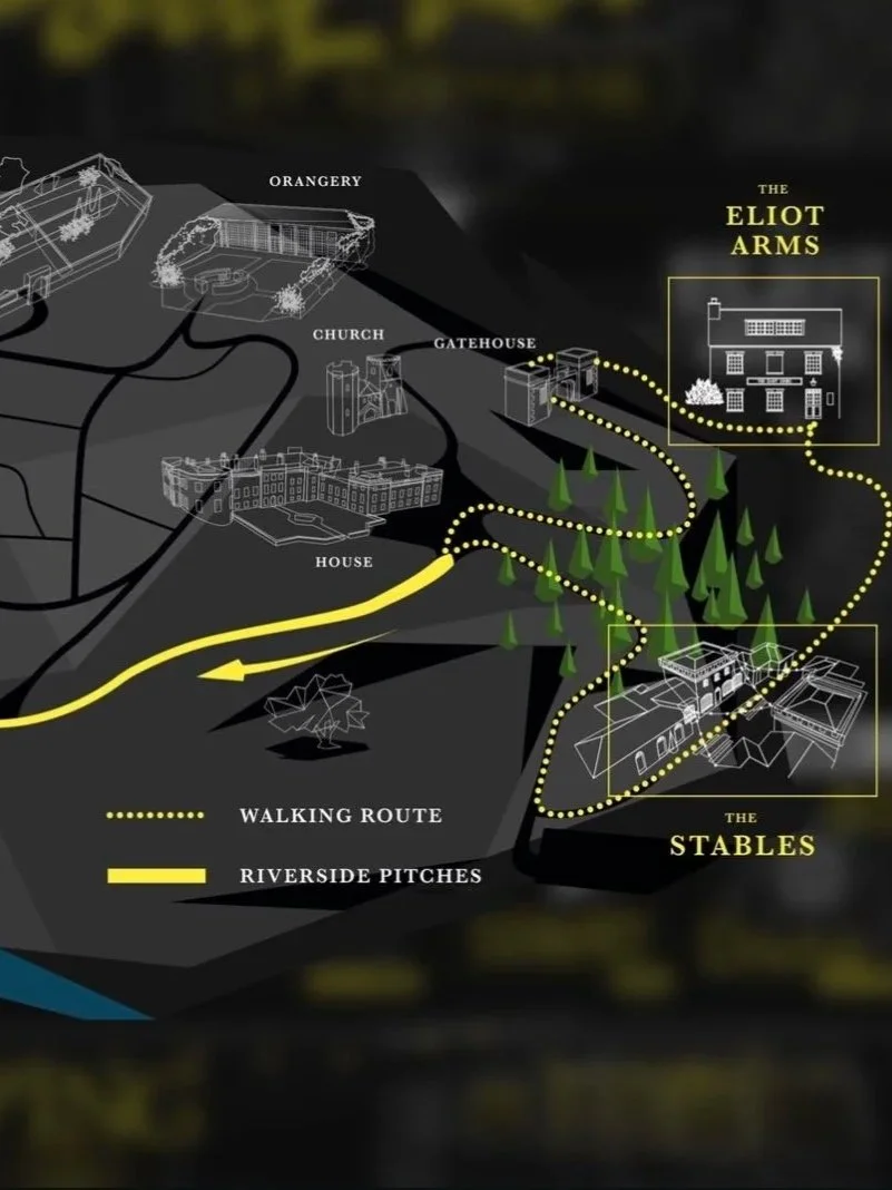A map showing walking routes and riverside pitches from a house through a church, orangery, gatehouse, to the Eliot Arms and stables, with pathways marked by yellow and dotted lines.