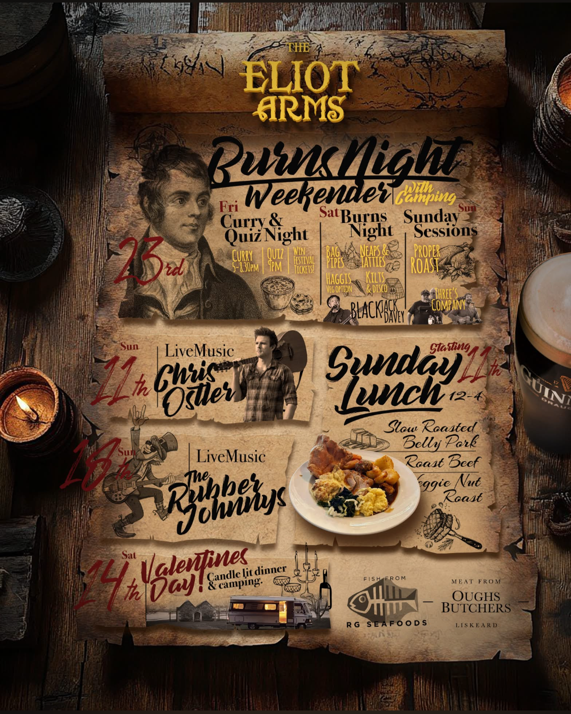Poster for The Eliot Arms Burn's Night Weekend with events including Friday curry and quiz night, Saturday burn's night with bagpipes, fiddle, and disco, and Sunday sessions with proper roast. Live music performances by Chris Oster, The Rubber Jommys
