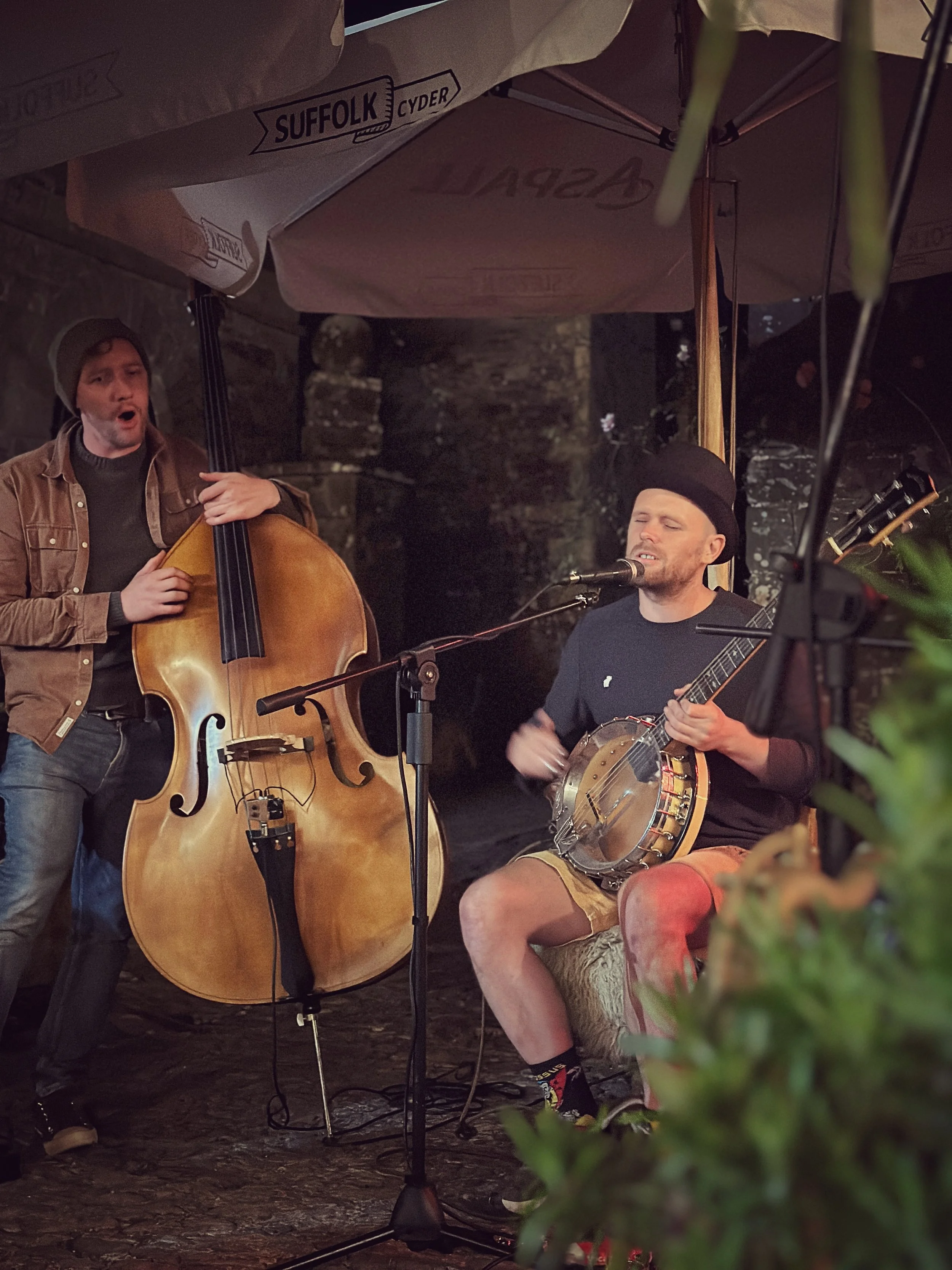 Two musicians performing outdoors at night, one playing a double bass and the other singing or playing a banjo, with a stone wall and trees in the background.
