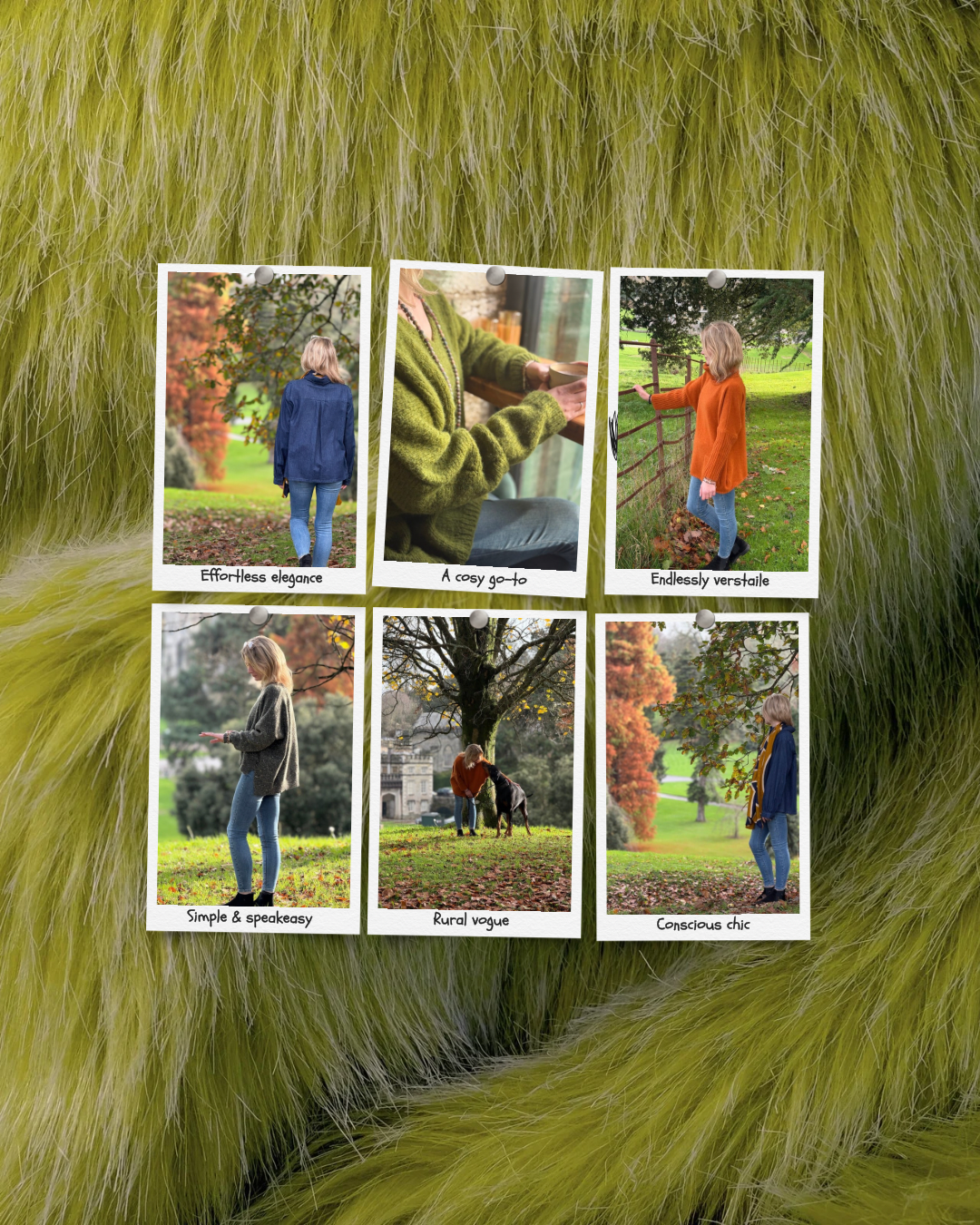 Six photographs featuring a woman outdoors and indoors, each with a caption: 1. Woman walking in fall foliage, captioned 'Effortless elegance', 2. Woman sitting in cozy green sweater, captioned 'A cosy go-to', 3. Woman in orange sweater near a farm f