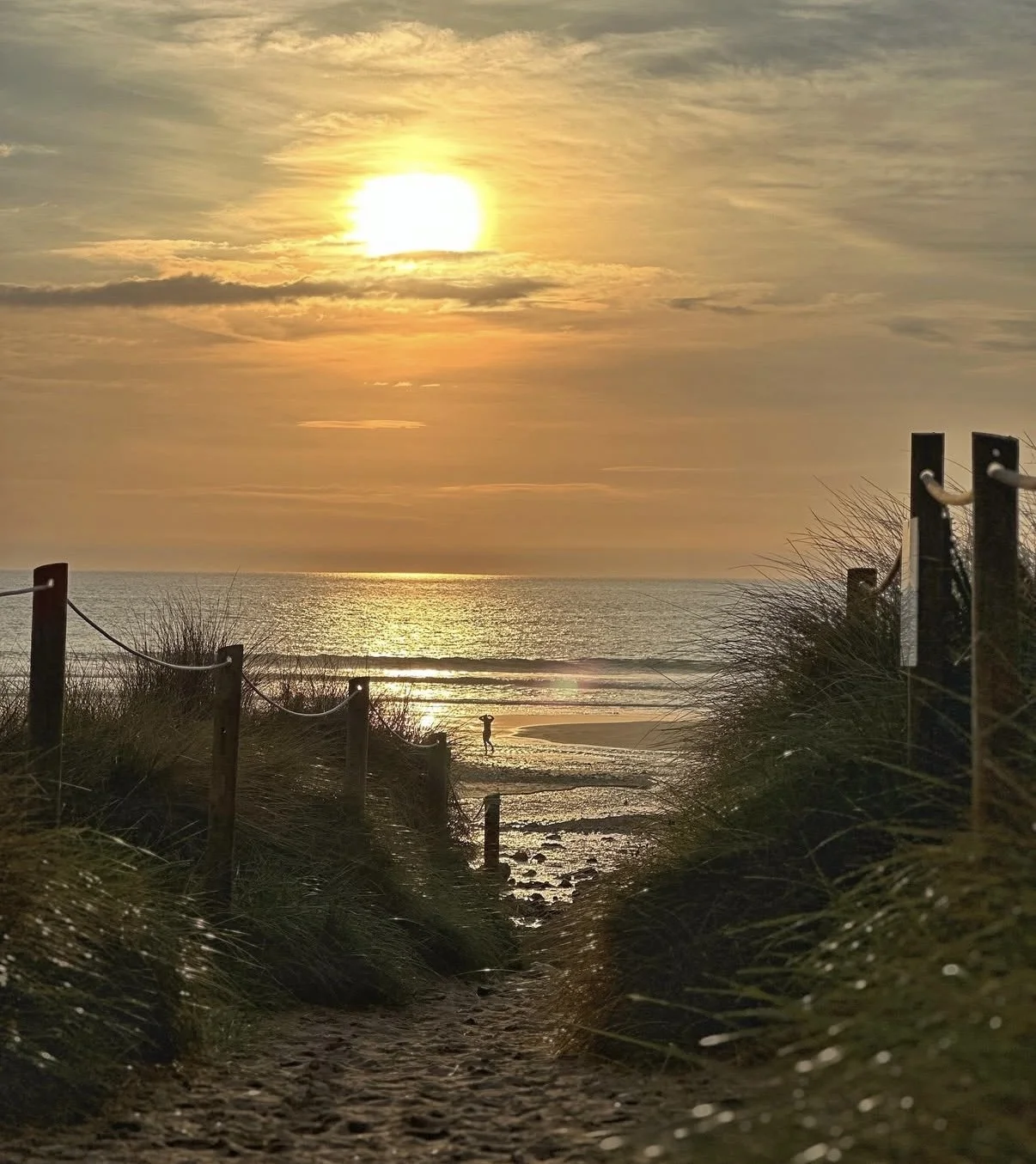 Sunset over the ocean viewed through a sandy path with beach grass on either side, leading to a beach with a person near the water.