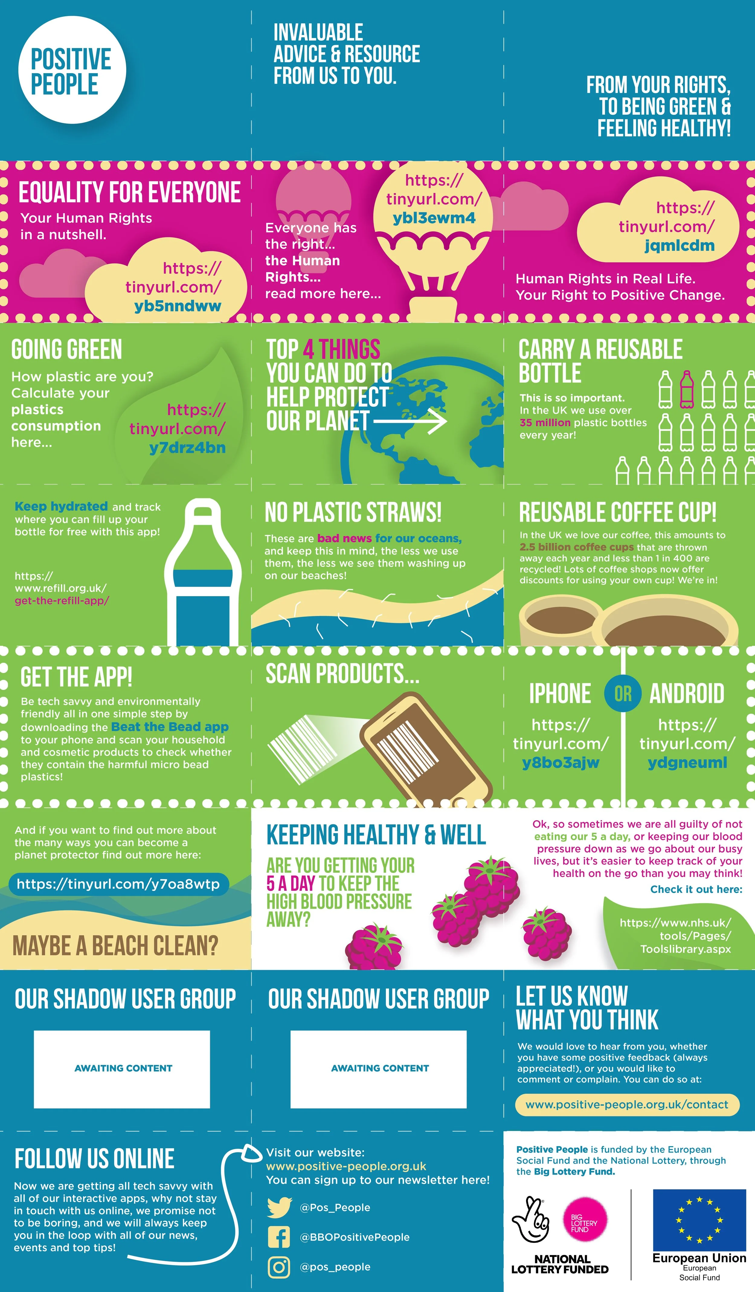 An infographic with colored sections providing tips and information about being environmentally friendly, human rights, healthy living, and community engagement, with various URLs, social media handles, and logos of organizations like the European Union and National Lottery Fund.