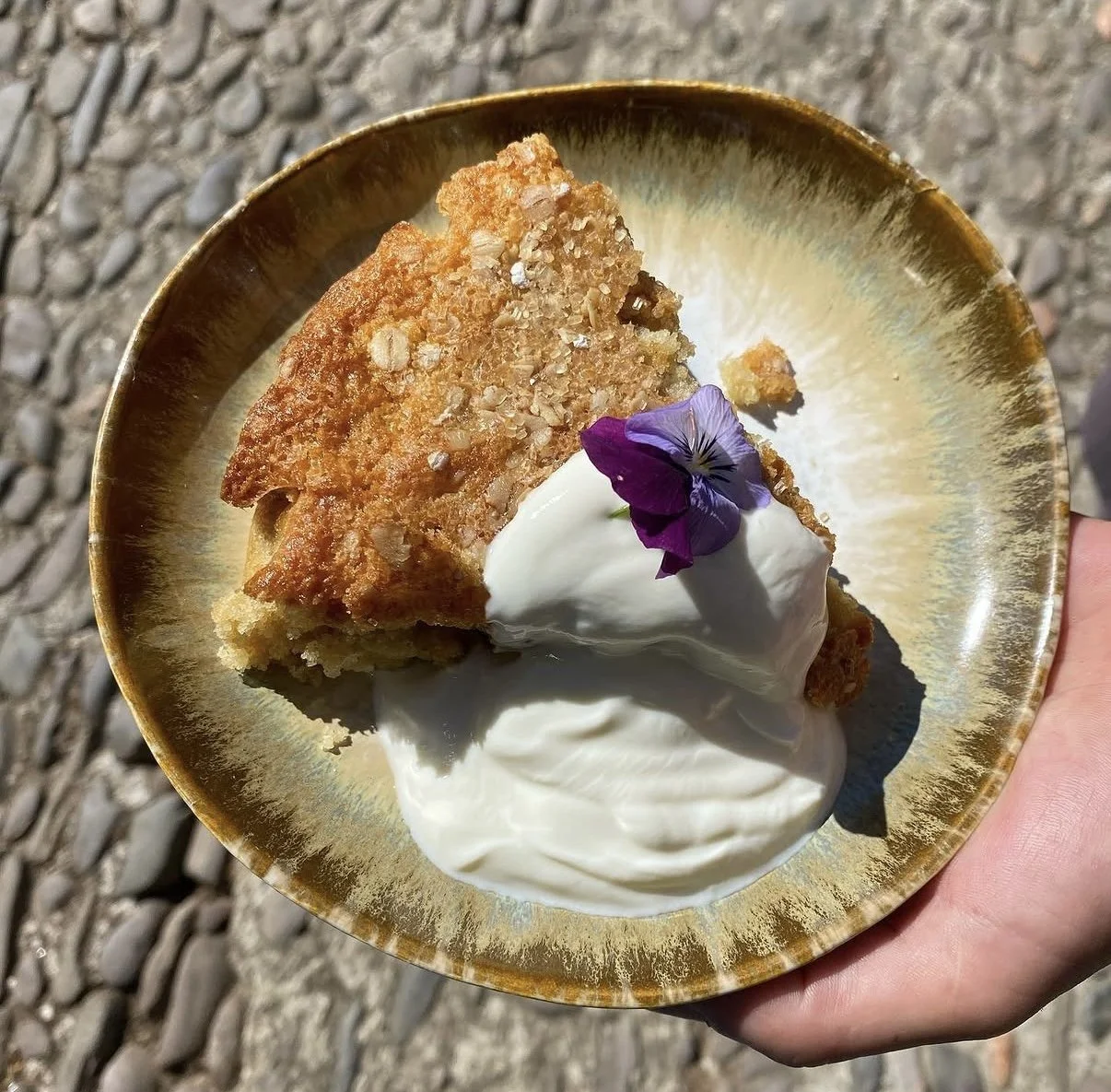 A slice of apple cobbler with a dollop of whipped cream and a purple edible flower on top, served in a rustic ceramic bowl held outdoors.
