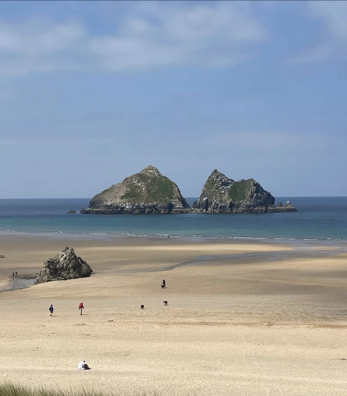 A wide sandy beach with people and dogs, blue ocean water, and two large rocky islands in the distance under a partly cloudy sky.