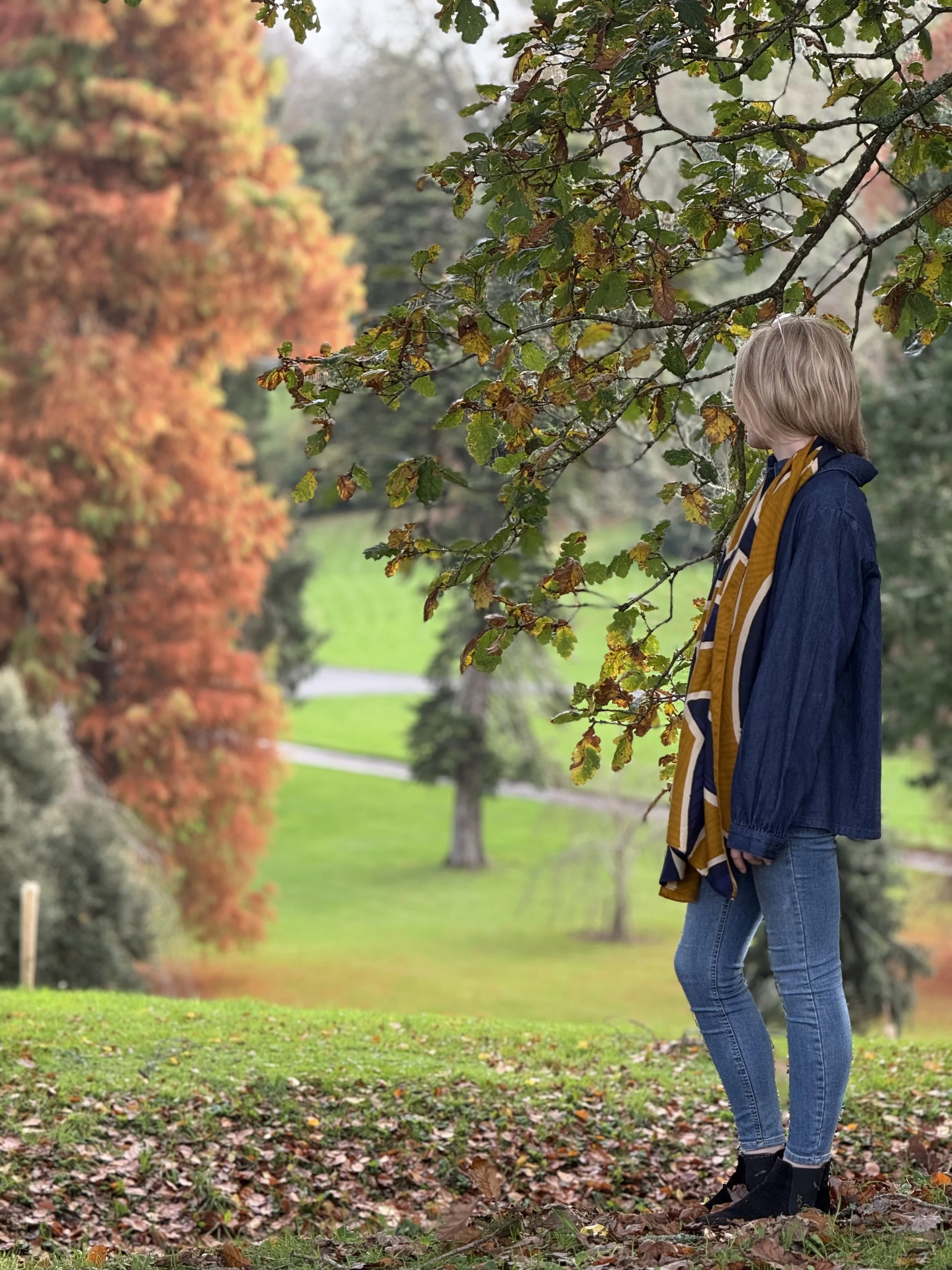A woman with blonde hair, wearing a navy jacket, jeans, and black shoes, standing outdoors in a park with autumn foliage, looking at the trees and leaves.