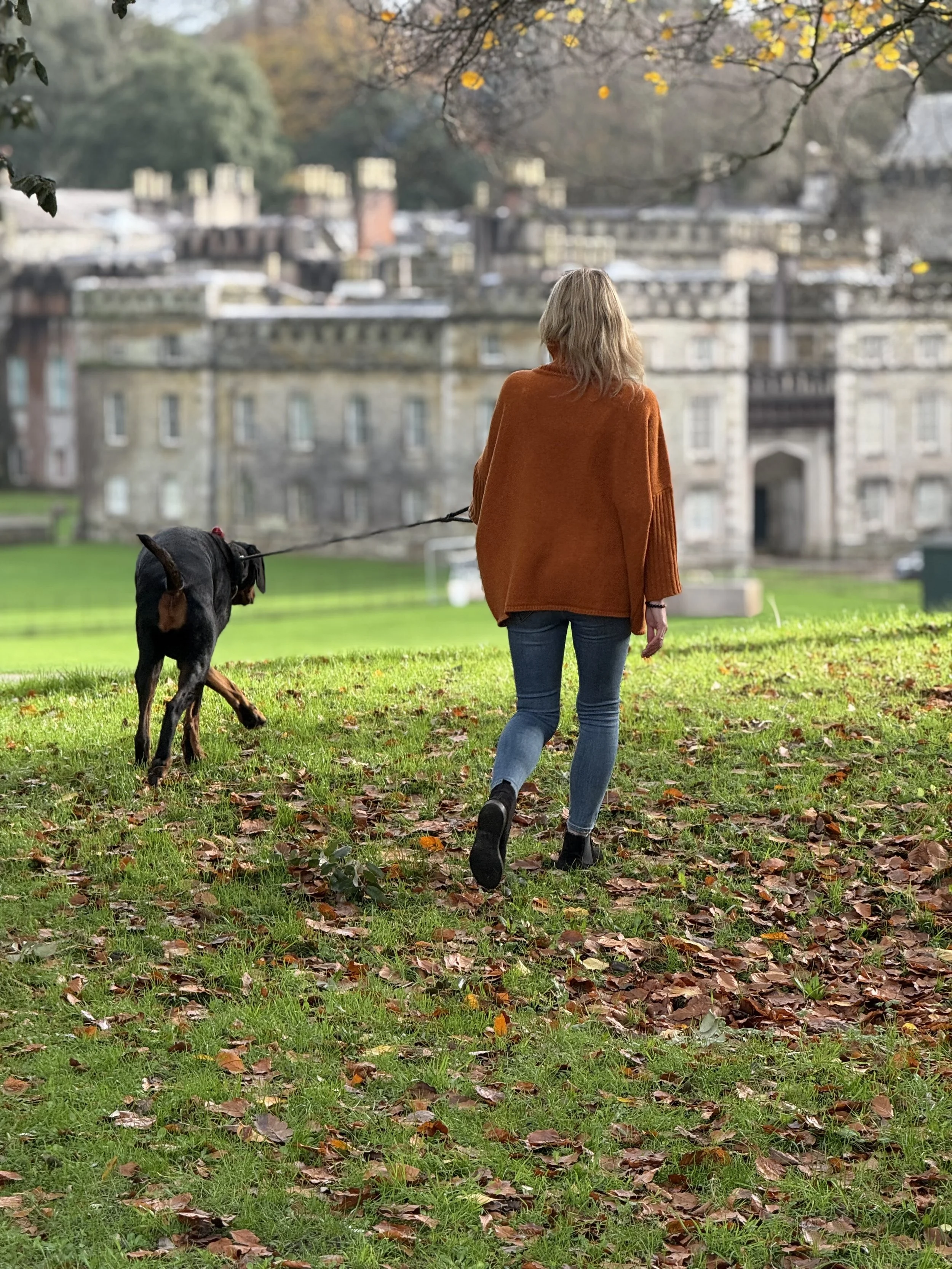 A woman with blonde hair wearing an orange coat and blue jeans walking her black dog with brown markings on a leash in a park with fallen leaves. In the background, there are historic buildings and trees with autumn foliage.