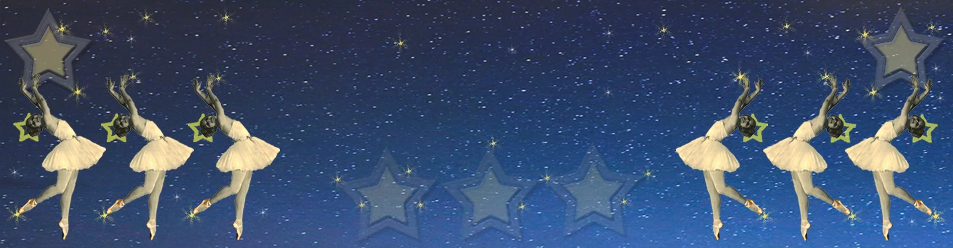 A decorative pattern with six ballerinas in tutus, flying in the night sky with stars and large outlined stars surrounding them.