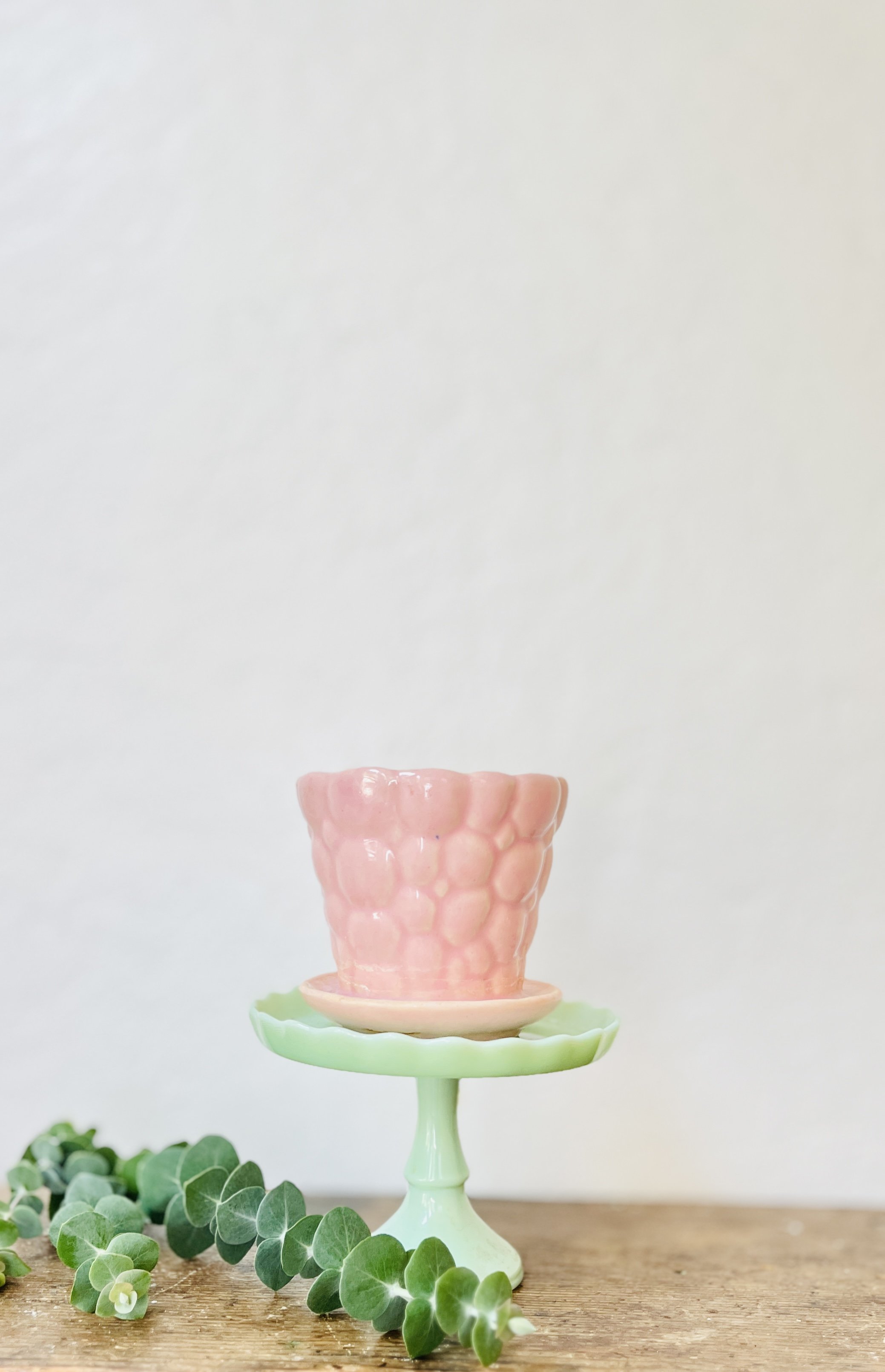 Vintage Brush Pottery Pink Pebble Planter with Attached Saucer