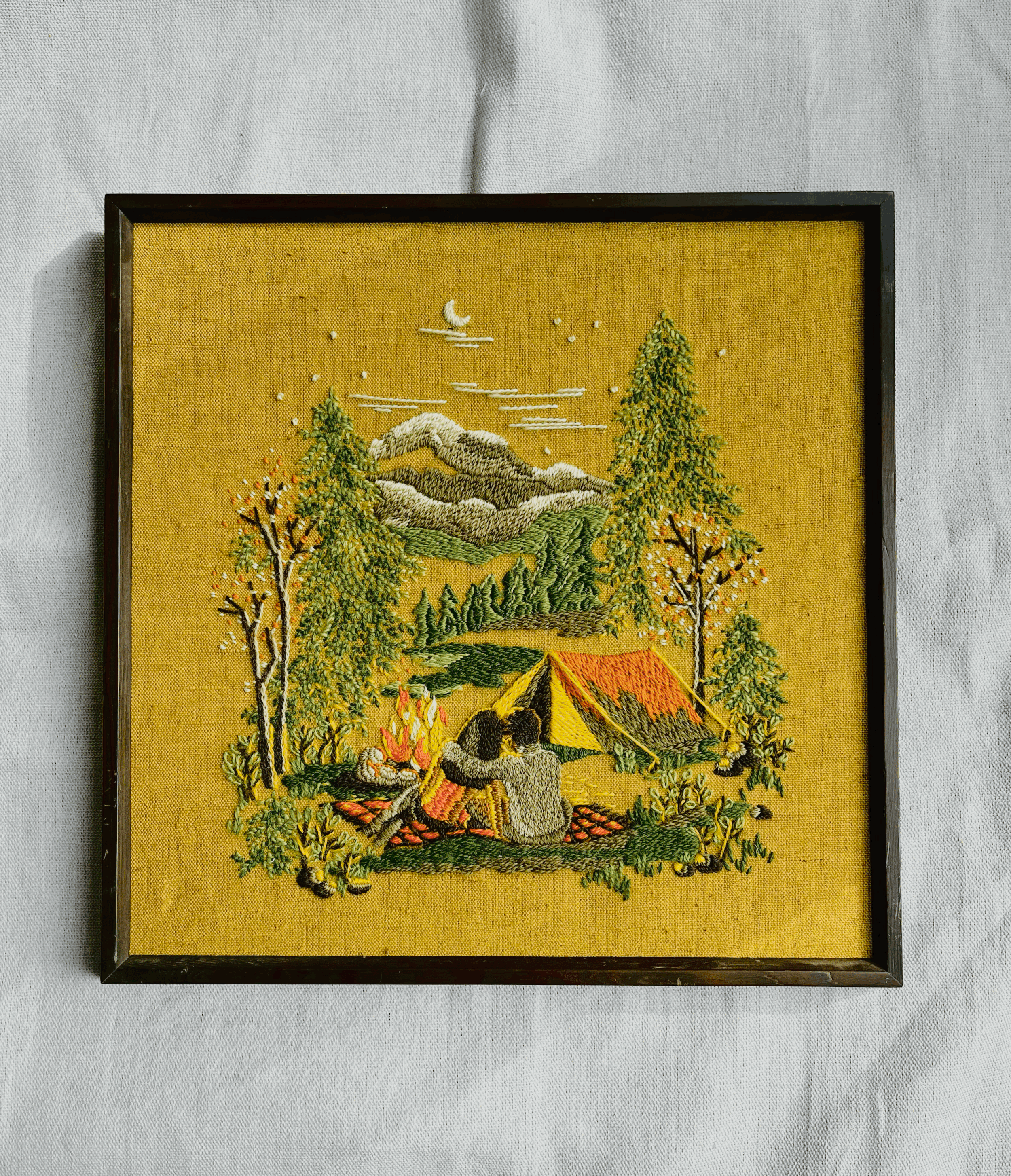 Vintage Framed Crewel Embroidery — Mountain Camping Scene