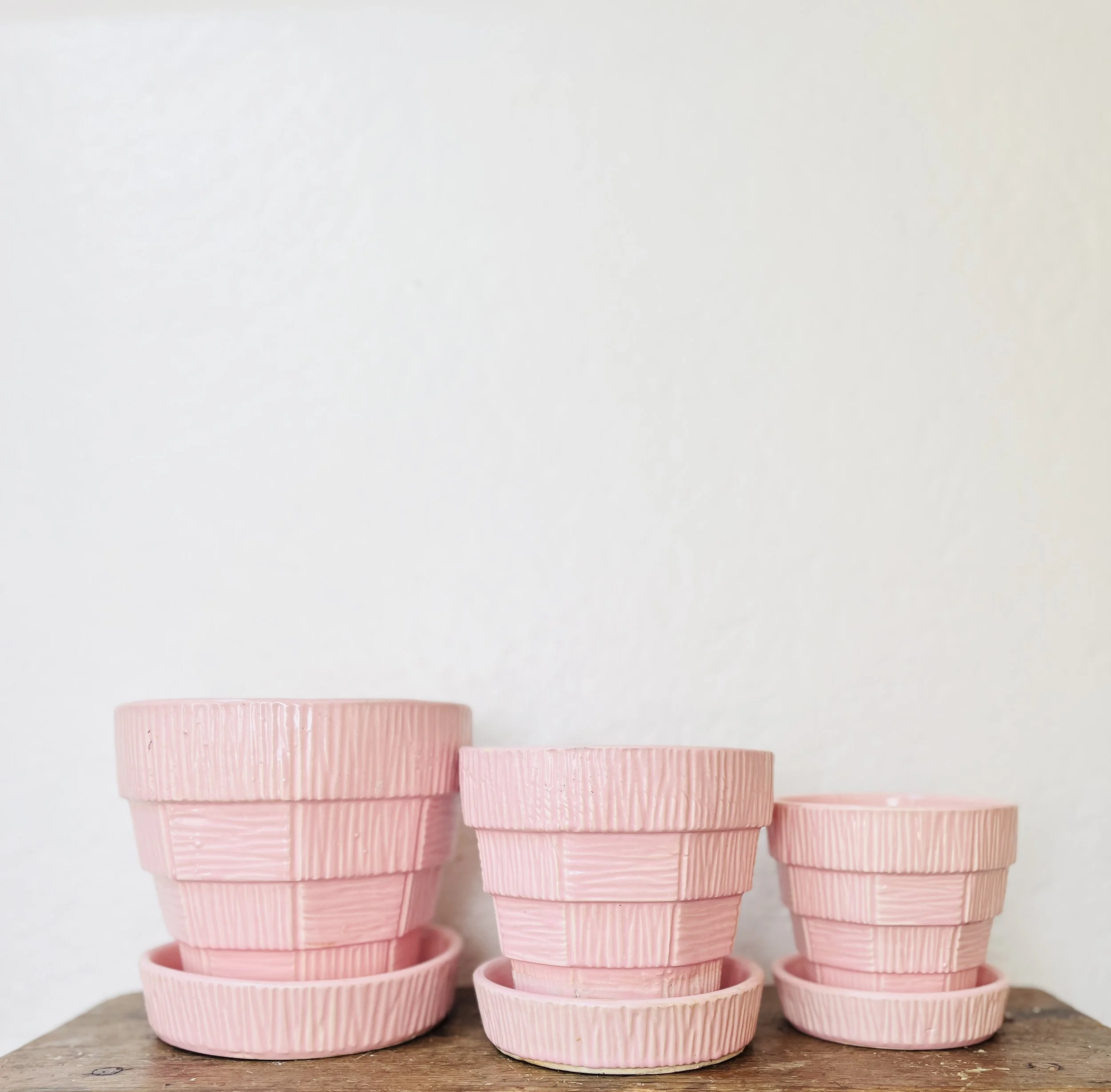 Vintage McCoy Pink Basketweave Planter Set of 3 | Mid Century Pottery Flower Pots with Attached Saucers