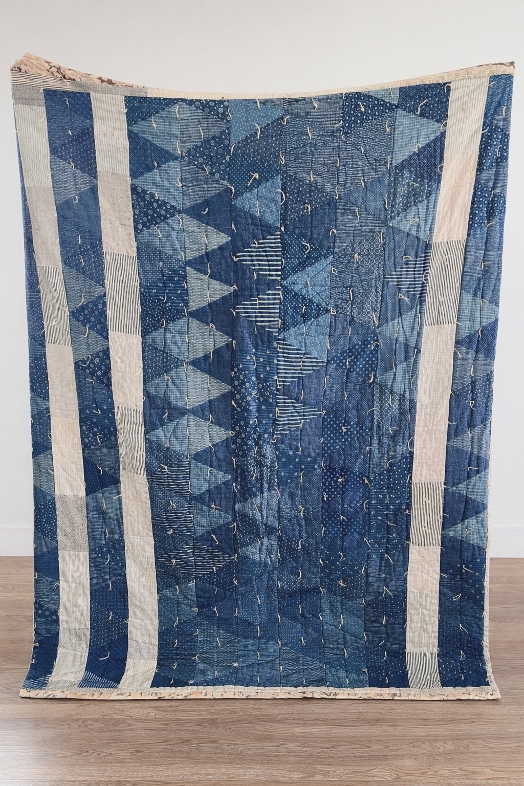 Antique Indigo Flying Geese Quilt – Early 1900s Blue Patchwork Textile