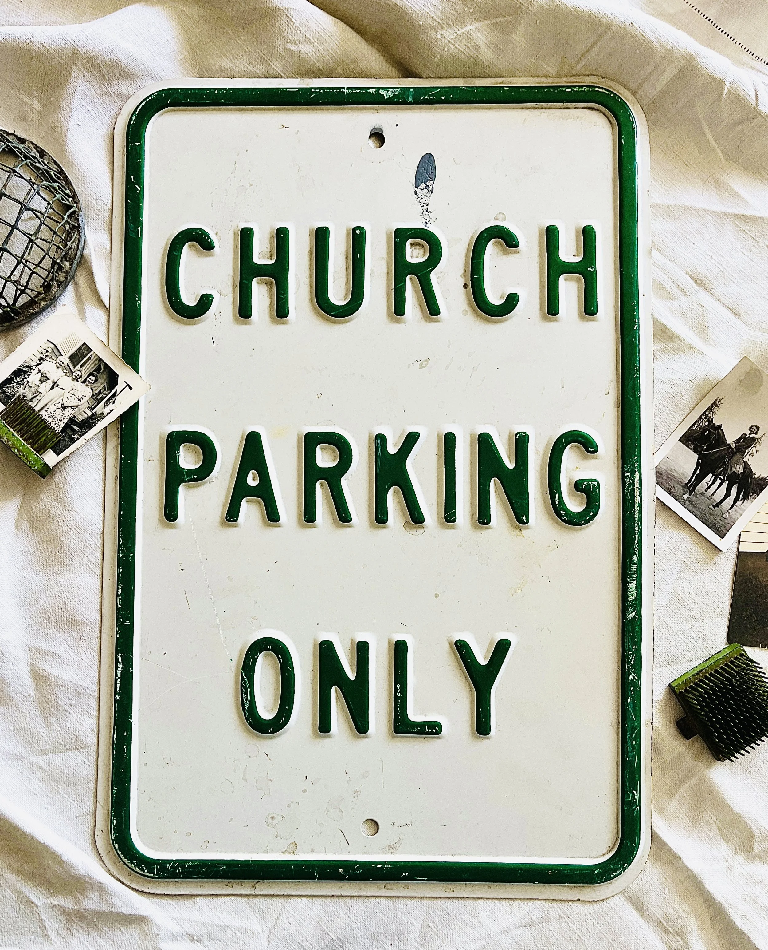 Vintage Embossed Metal Church Parking Only Sign