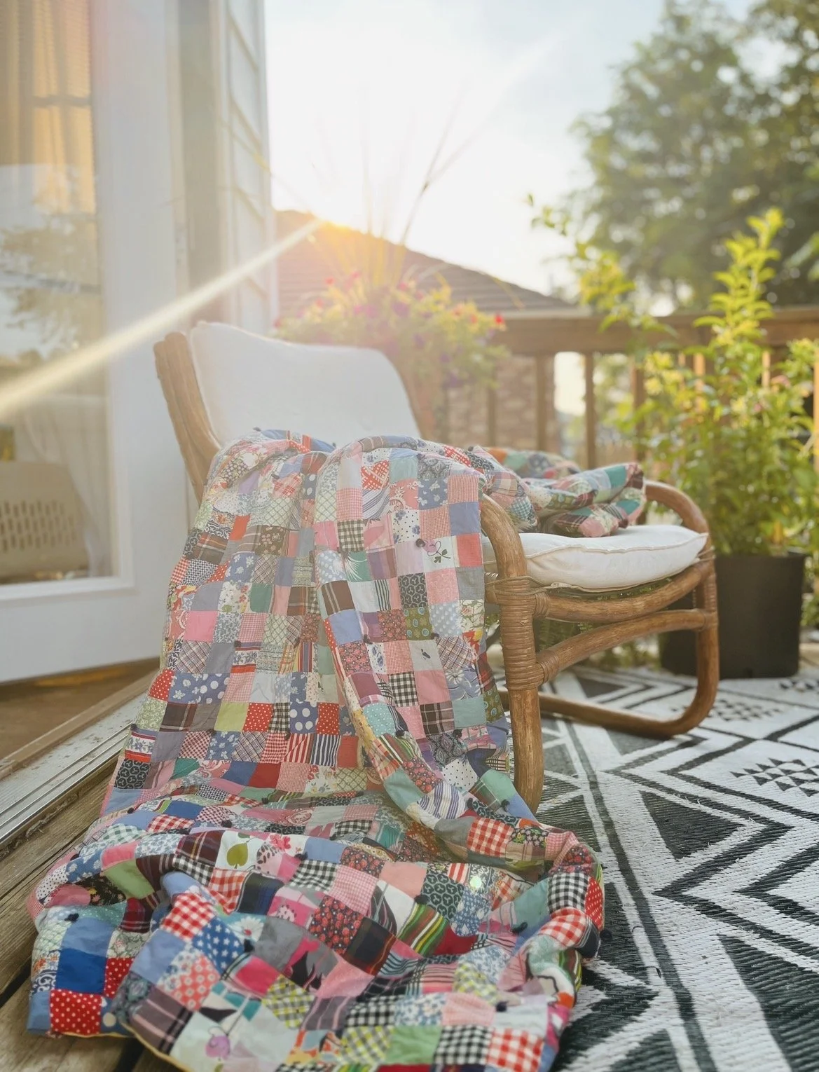 Vintage Hand-Tied Postage Stamp Quilt | Colorful Patchwork Quilt | 69 x 74