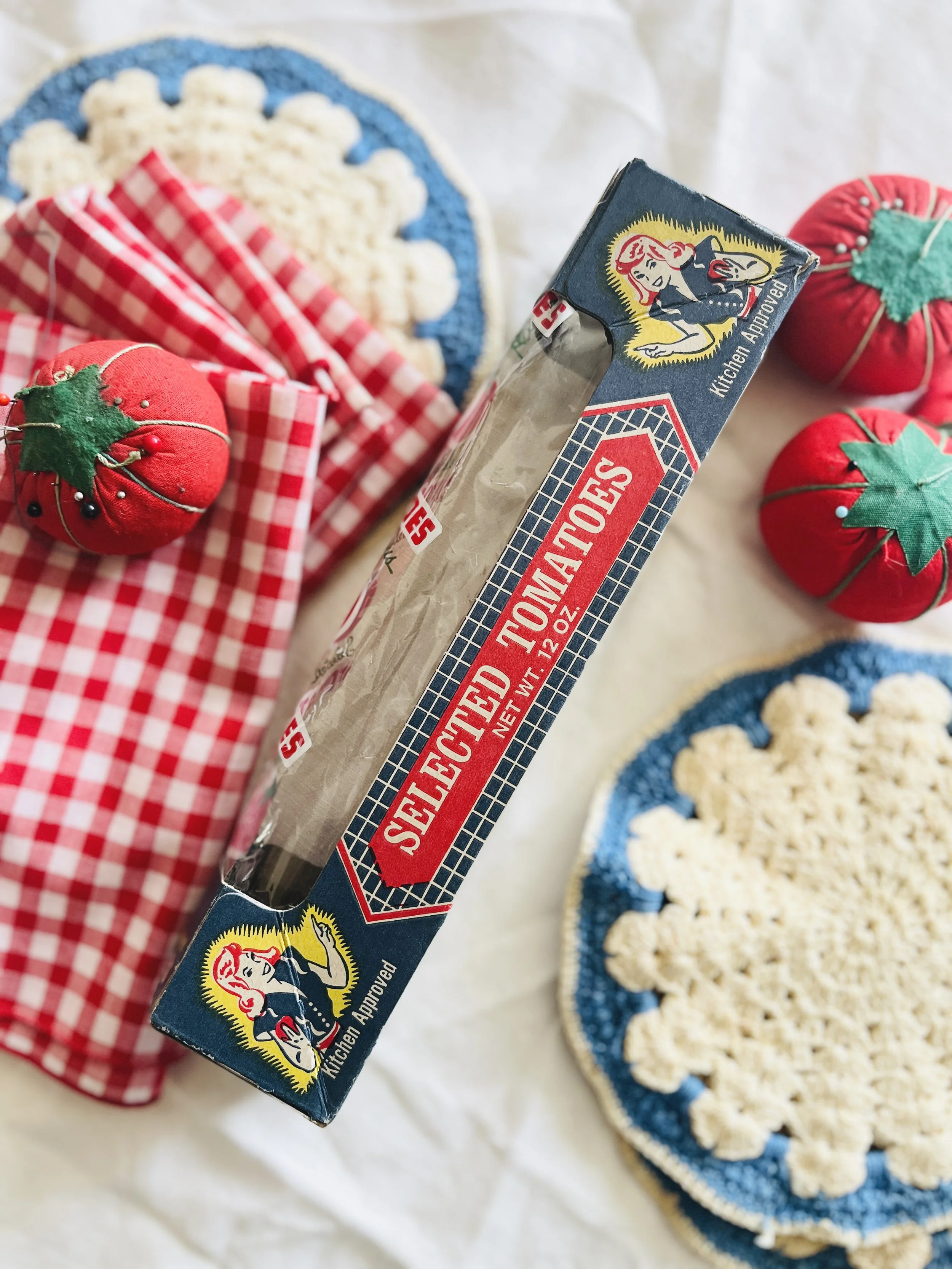 Vintage Tomato Pin Cushion Set in Original Grocery Package