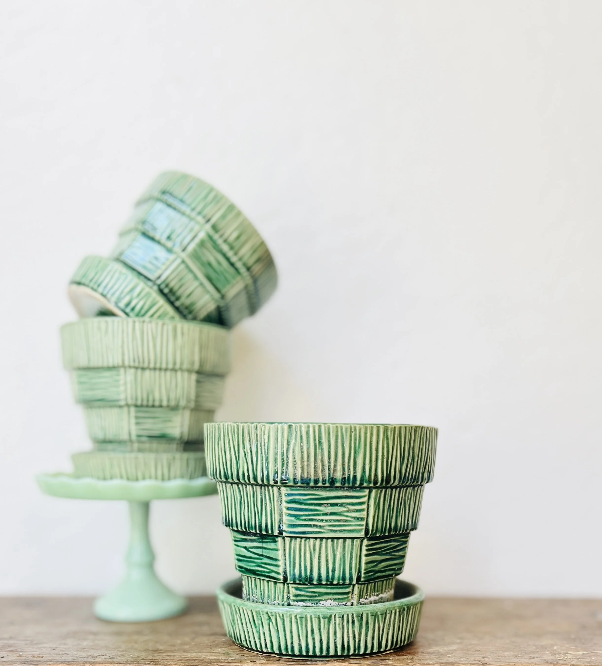 Vintage McCoy Green Basketweave Planter | 5" Pot with Attached Saucer