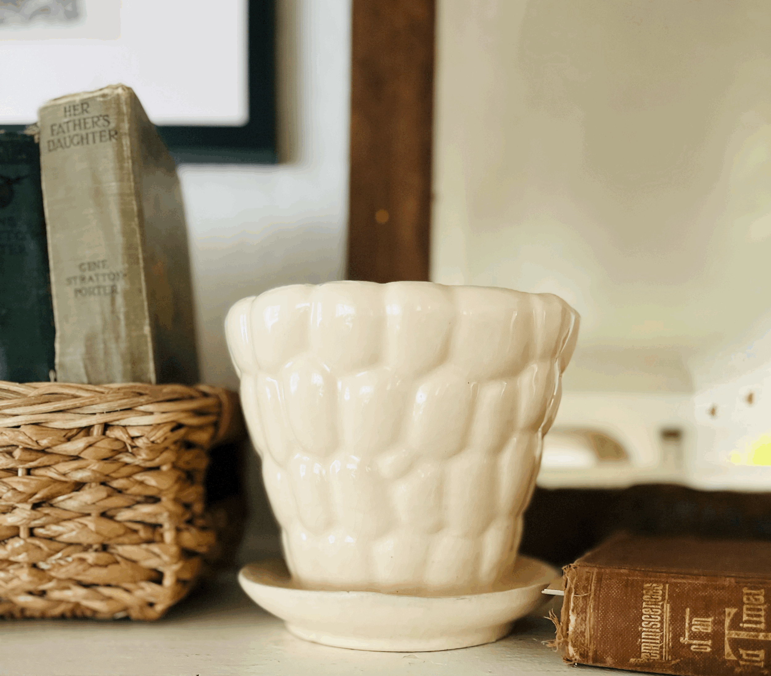 Vintage McCoy Ivory Pebble Planter with Drip Tray
