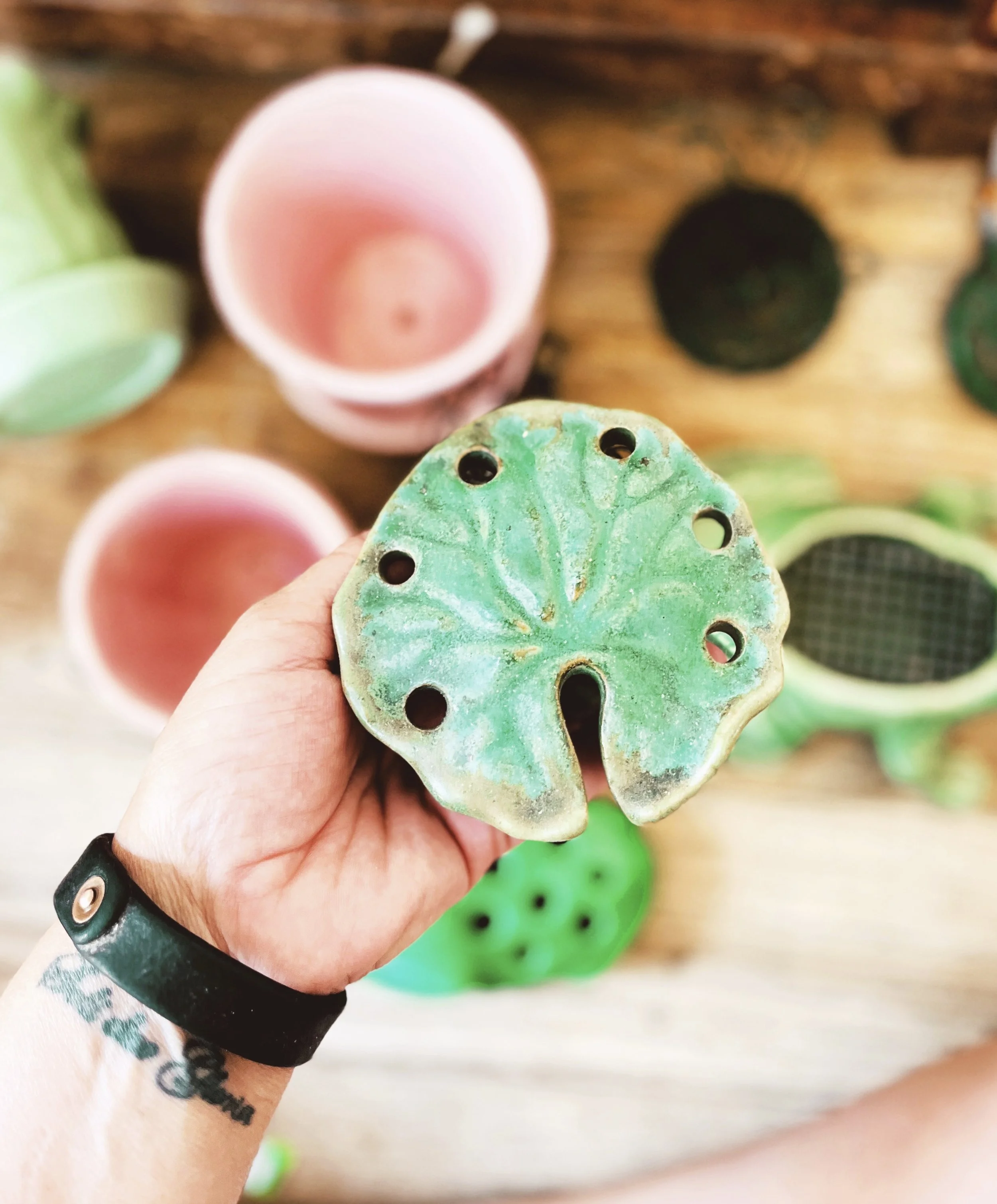Vintage Arts & Crafts Lily Pad Flower Frog – Attributed to Peters & Reed | Matte Green Art Pottery | c. 1920s