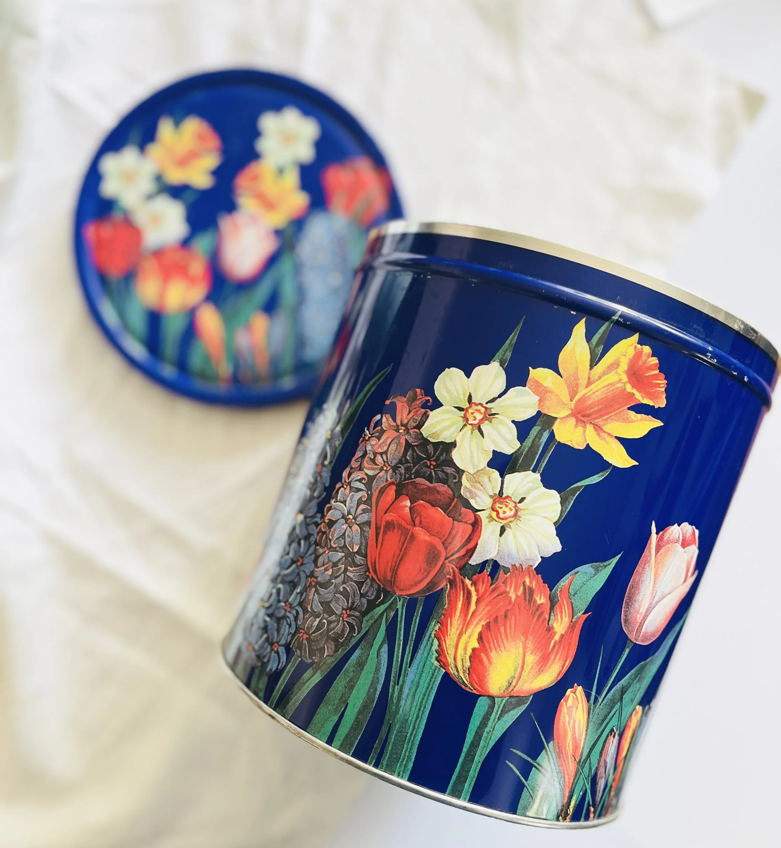 Vintage Floral Tin Canister | Blue Spring Flowers Storage Tin | 7.5" Tall