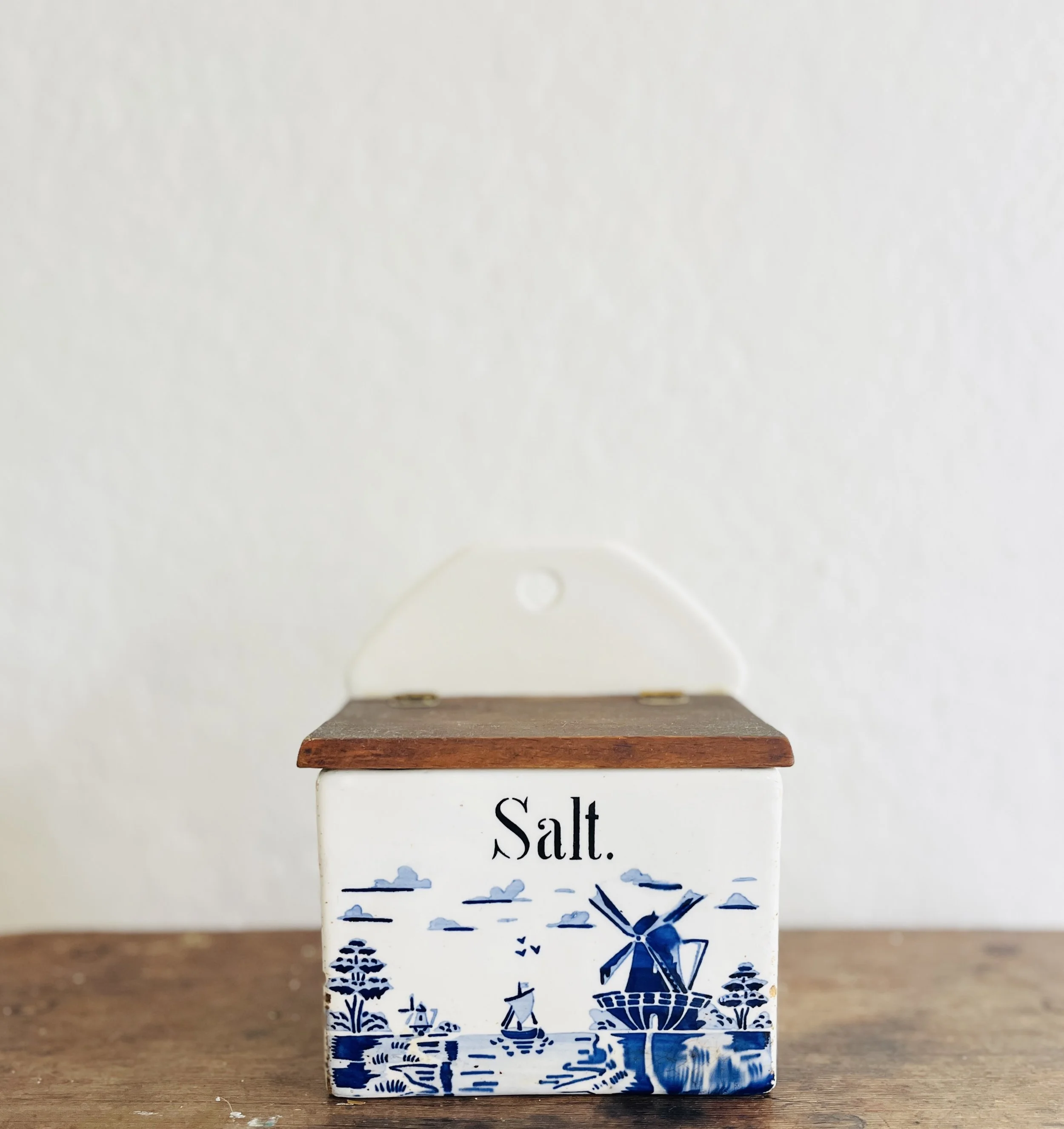 Vintage Delft Blue Wall-Mount Salt Box with Wooden Lid | Ceramic Kitchen Storage | Germany