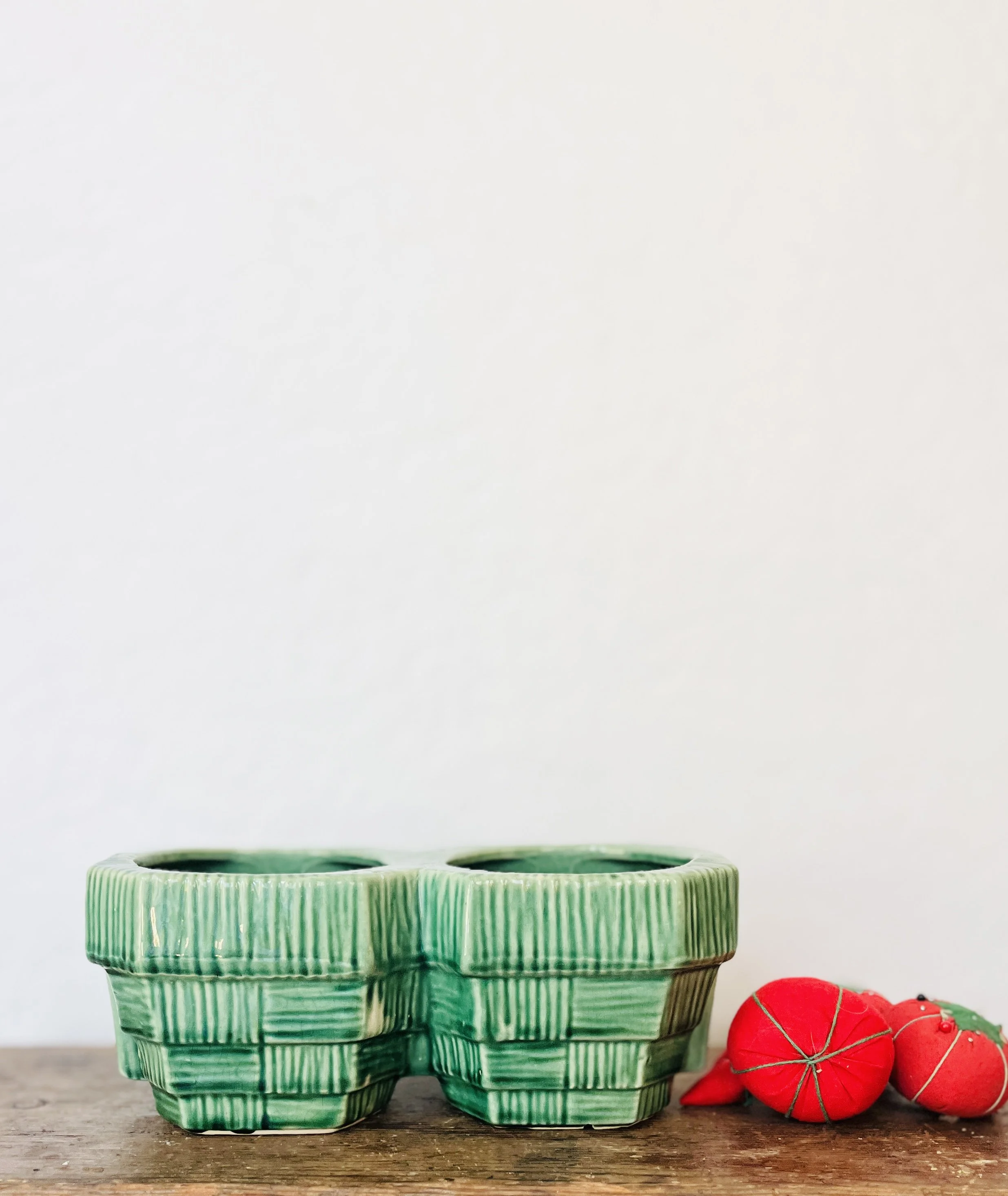 Vintage McCoy Double Basketweave Planter | Green Ceramic Twin Planter | USA