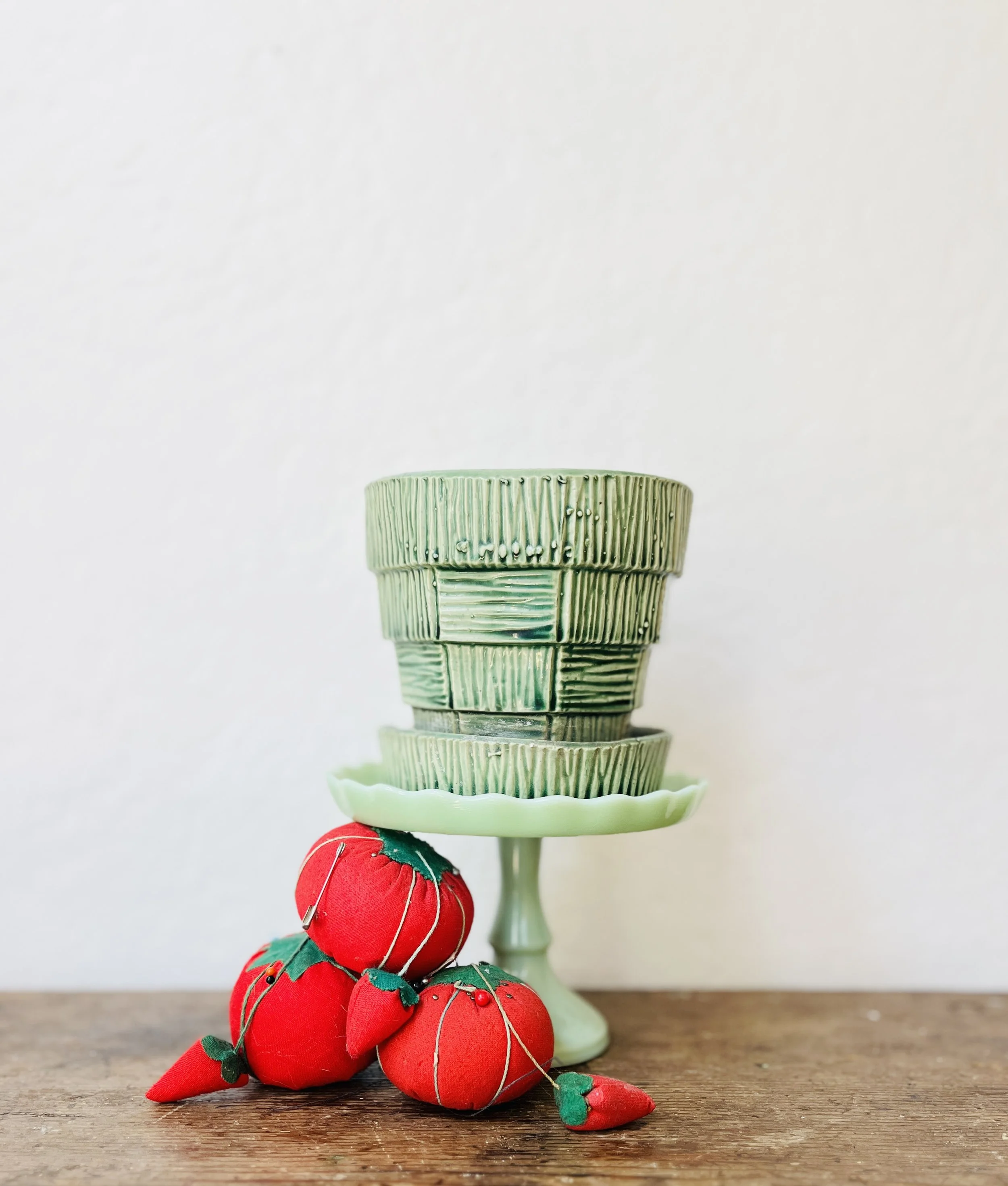 Vintage McCoy Green Basketweave Planter | 4" Pot with Attached Saucer