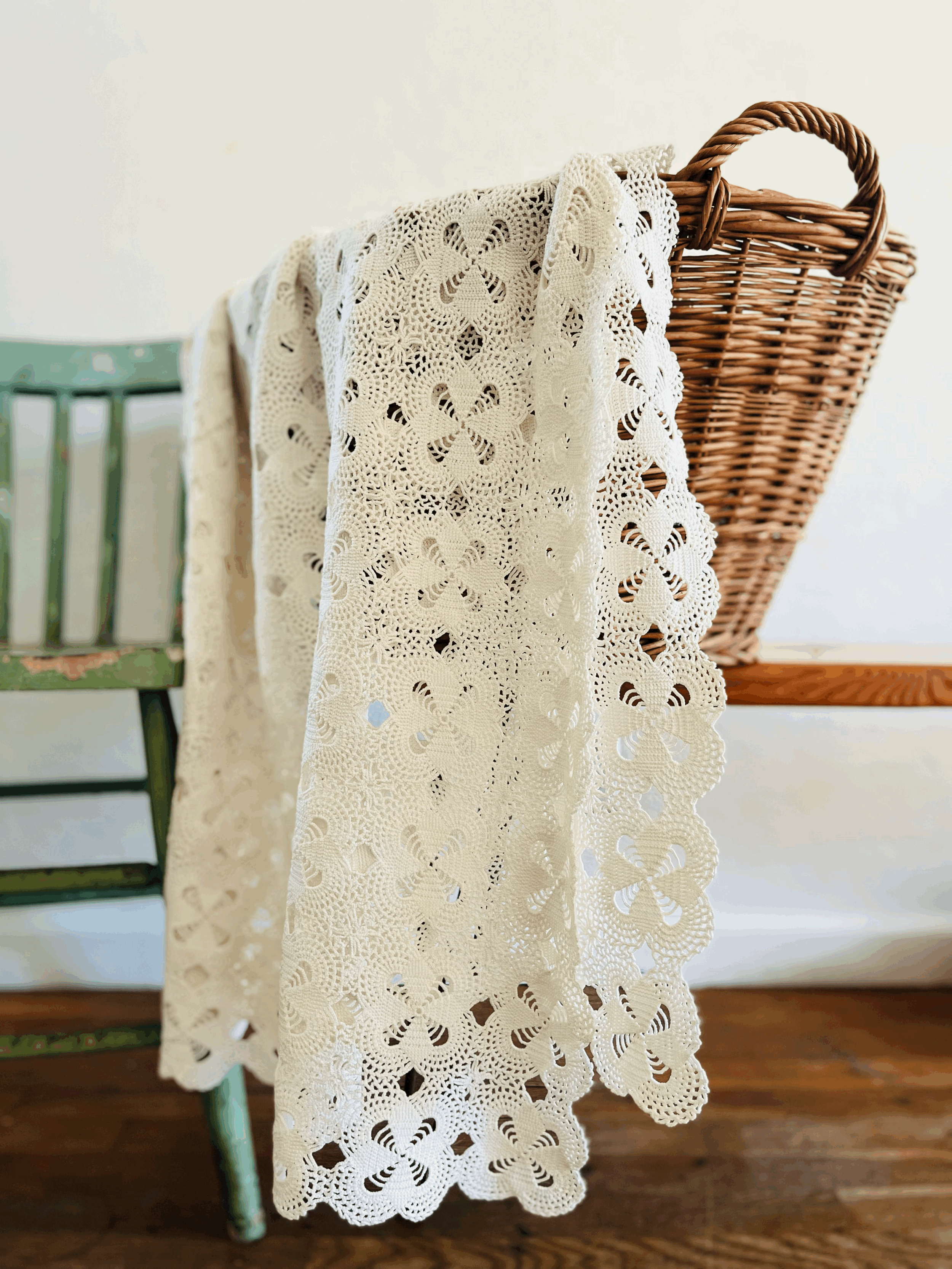 Vintage Hand Crocheted Lace Tablecloth / Coverlet 38" x 58”