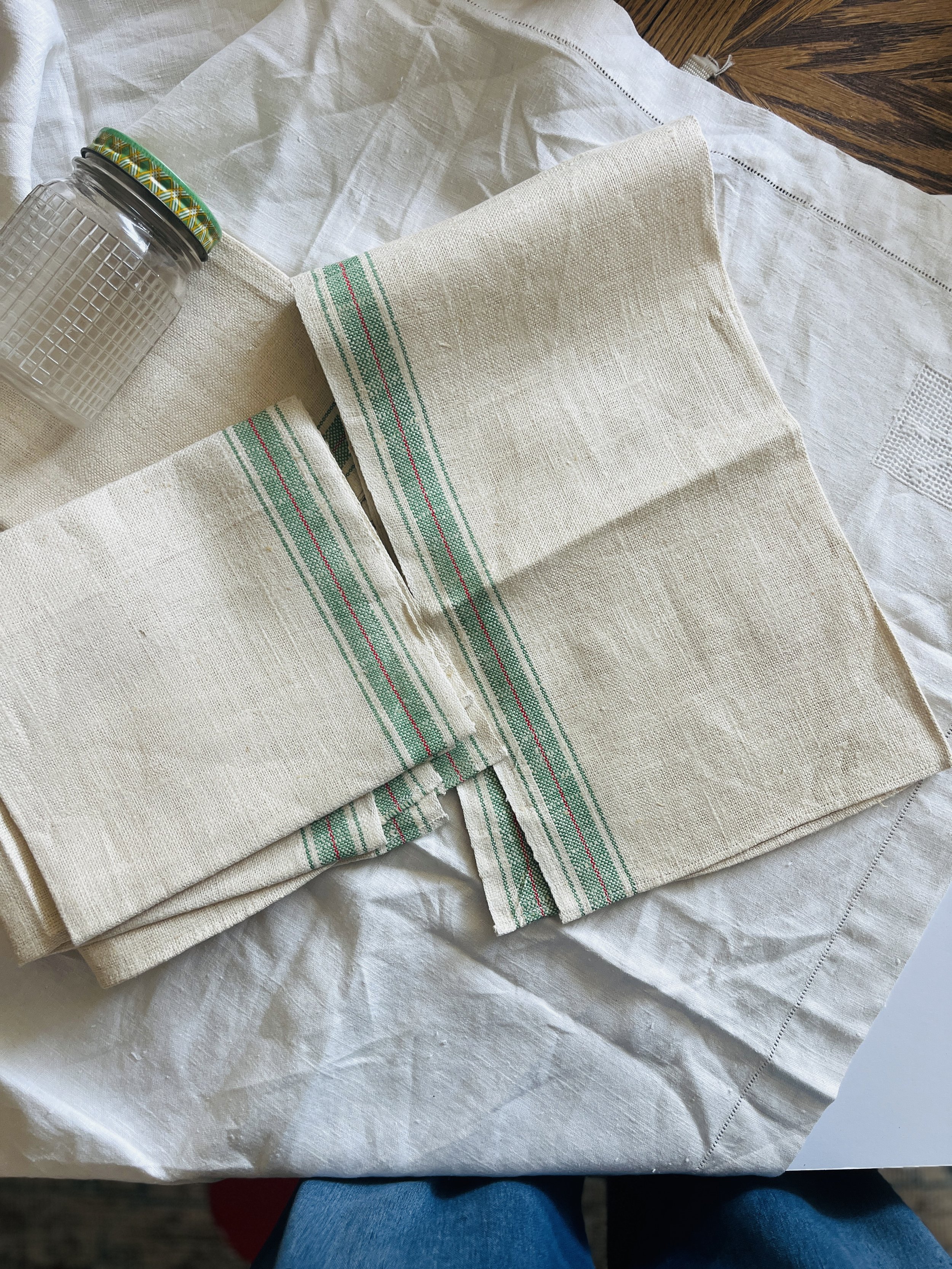 Set of 5 Vintage Heavyweight Grain Sack Style Tea Towels | Green & Red Stripe
