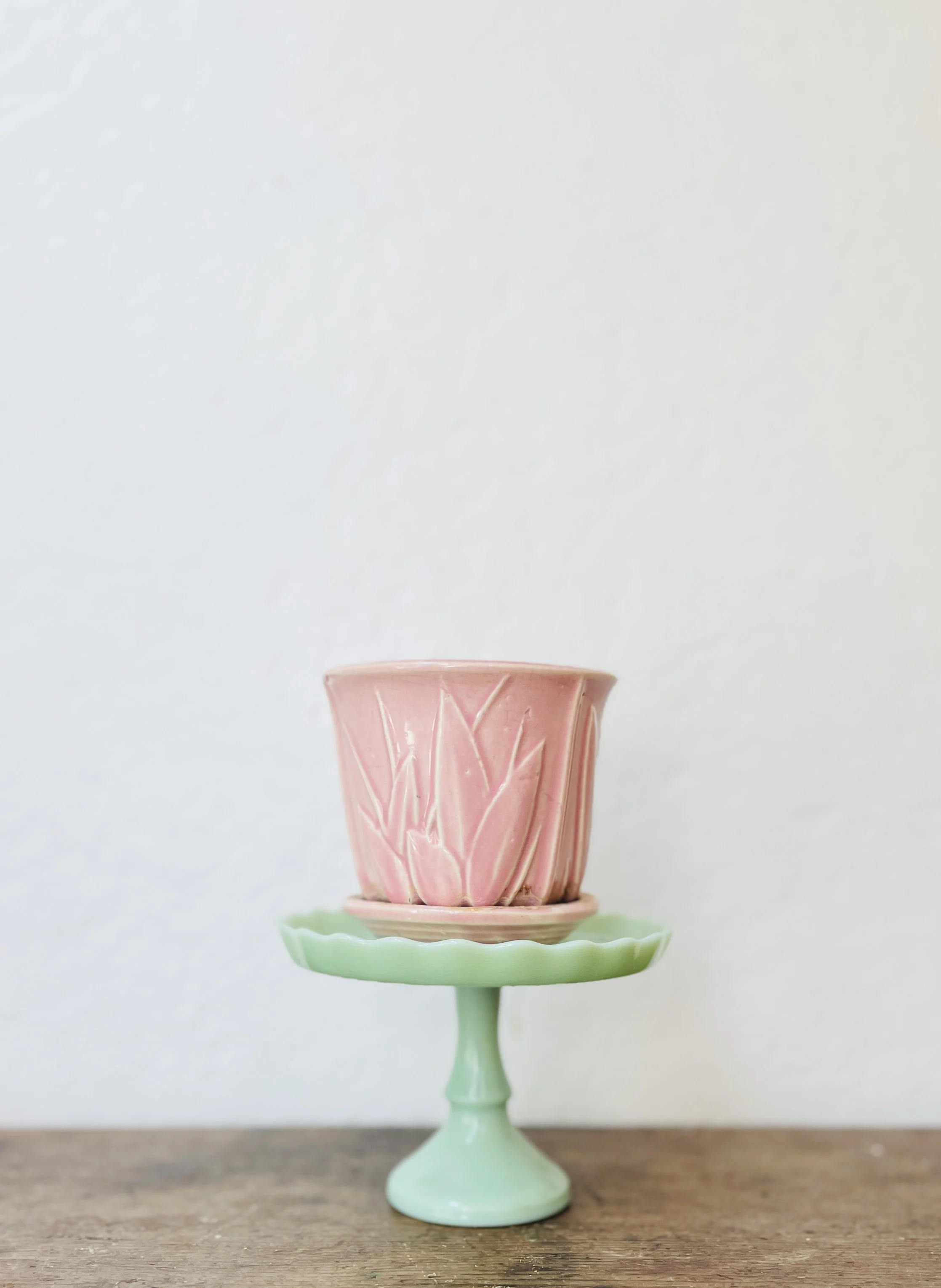 Vintage McCoy Cattail Pink Planter with Attached Saucer