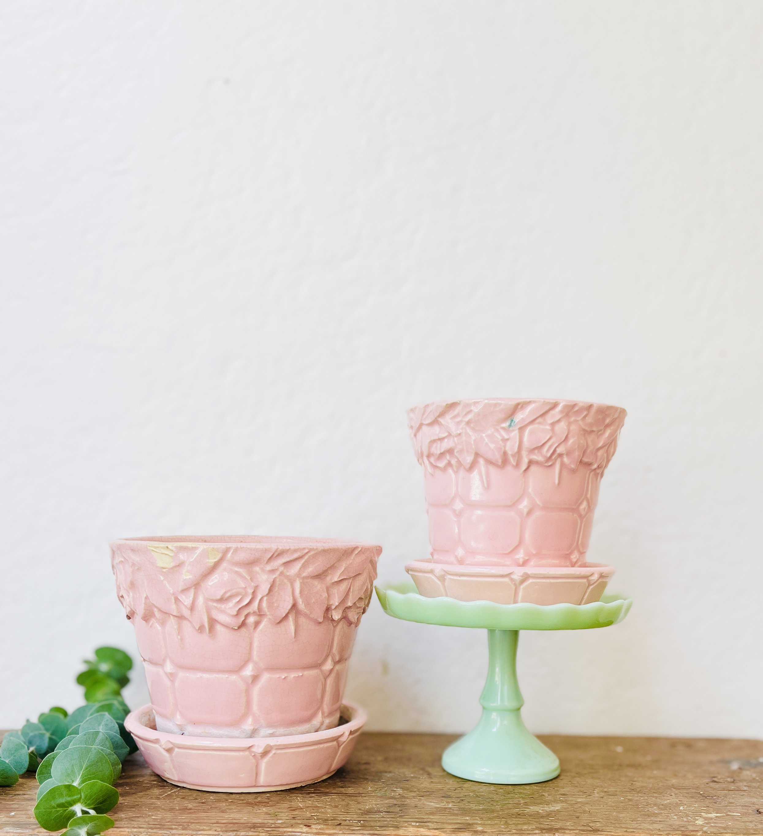 Vintage McCoy Pottery "Quilted Rose" Pink Planter Set – 4" & 5" with Attached Saucers