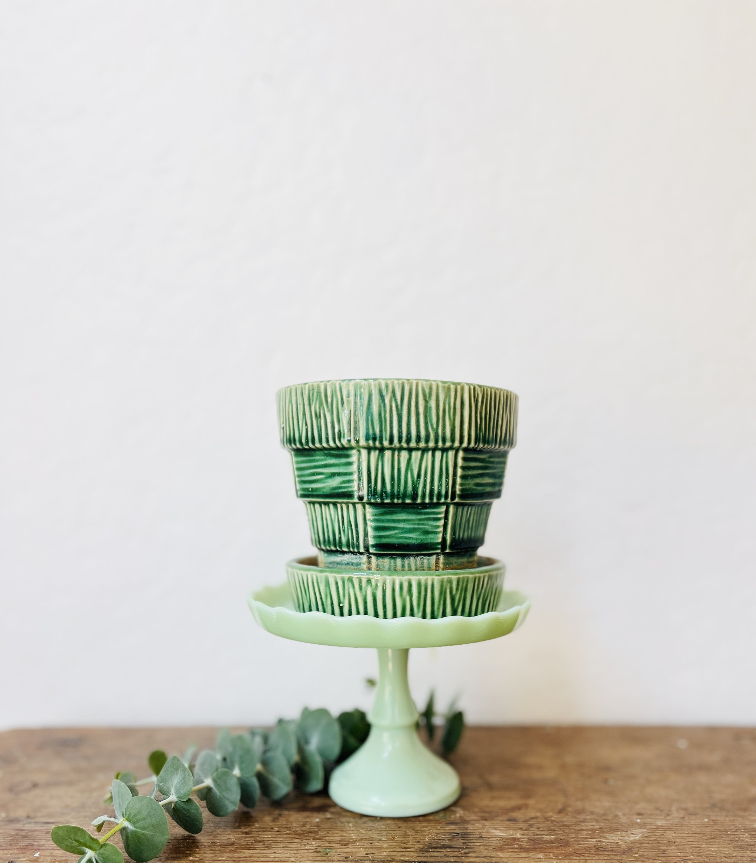 Vintage McCoy Green Basketweave Planter | 4" Pot with Attached Saucer