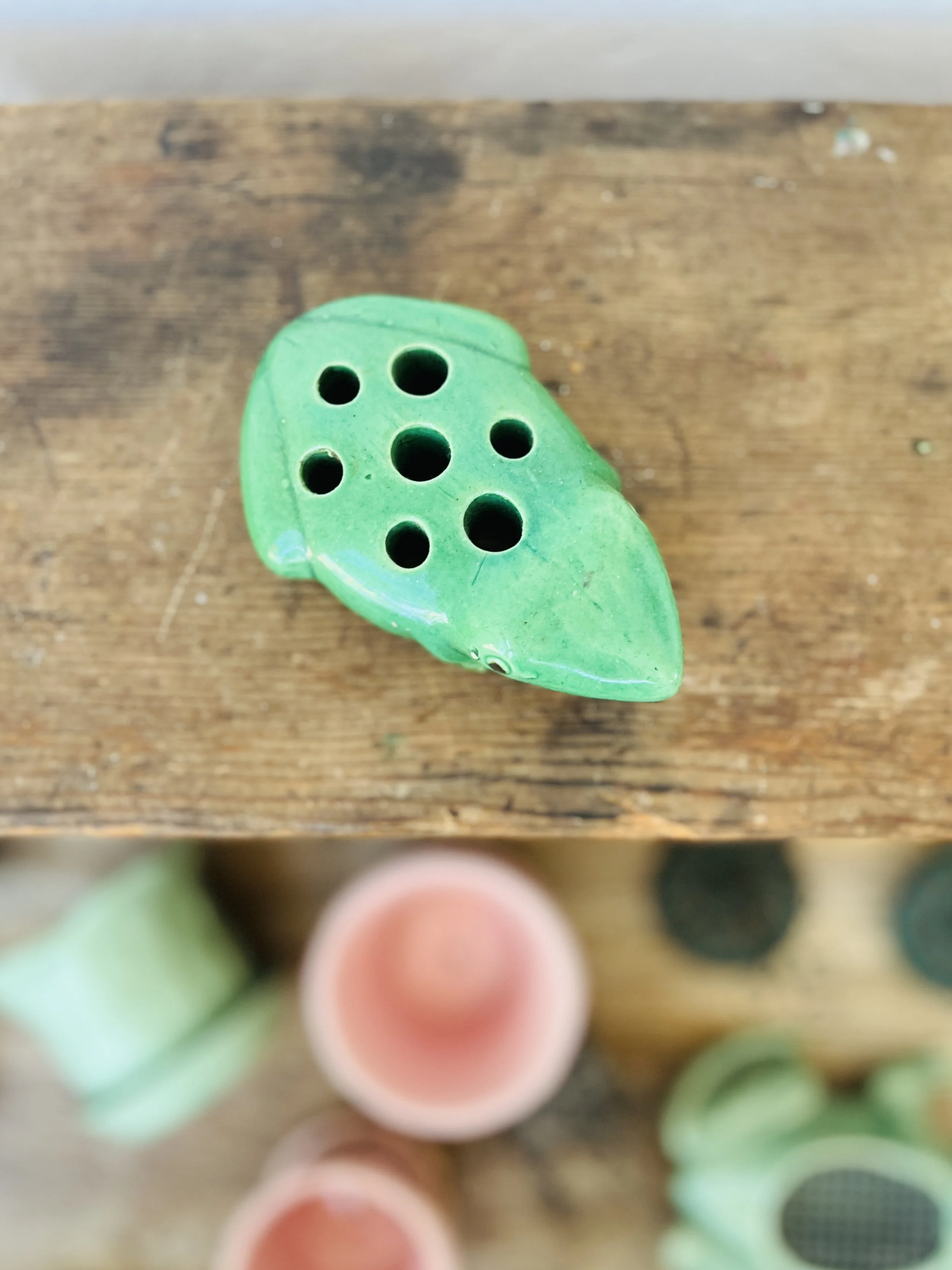 Vintage Green Ceramic Frog Flower Frog – 5" Floral Arranger