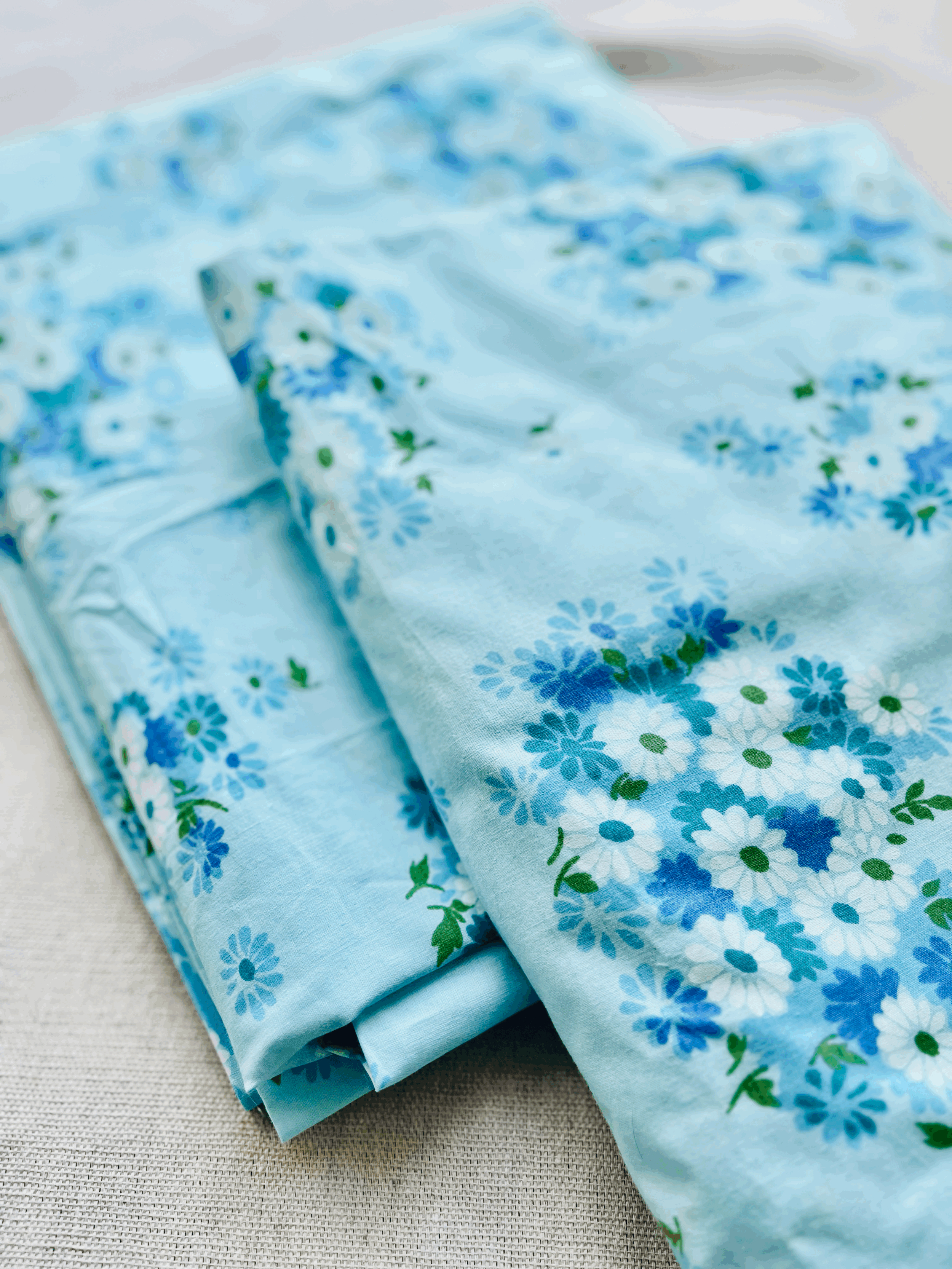 Vintage Wamsutta Lustercale Sheet Set — Full Size Blue Daisy Floral (Flat + Fitted)