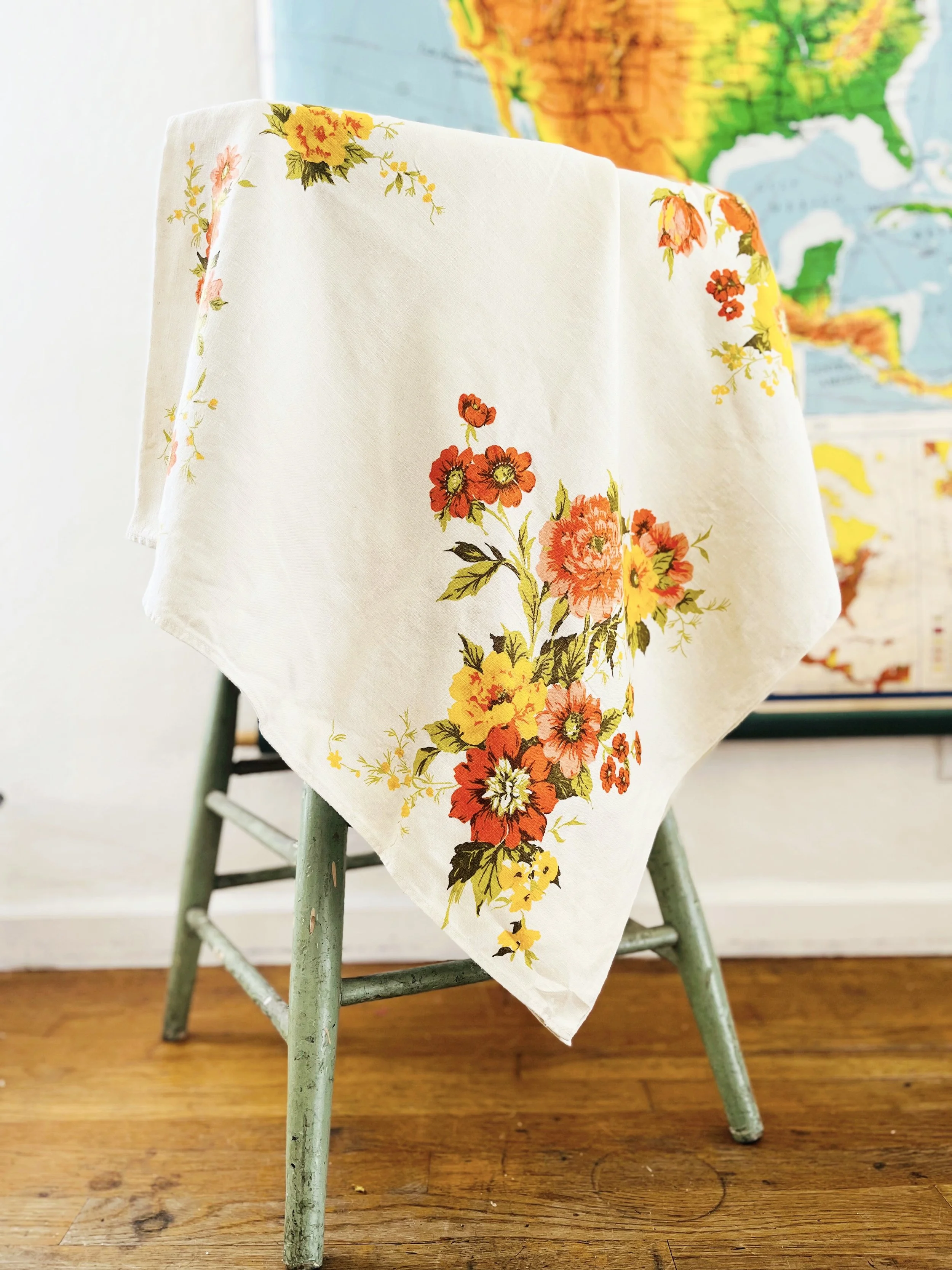 Vintage Warm Floral Tablecloth | 49 x 50 Cottage Style Linen Table Cover