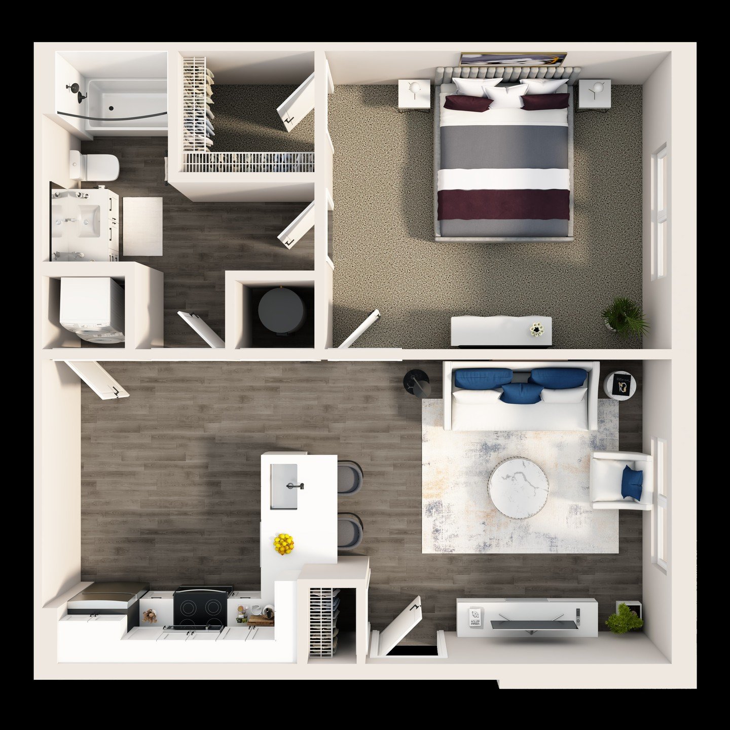 The Cranberry features 1 bedroom and 1 bathroom within 748 square feet, offering a balance of comfort and functionality. Its open-concept living space creates a seamless flow, perfect for both relaxing and entertaining, while the private bedroom prov