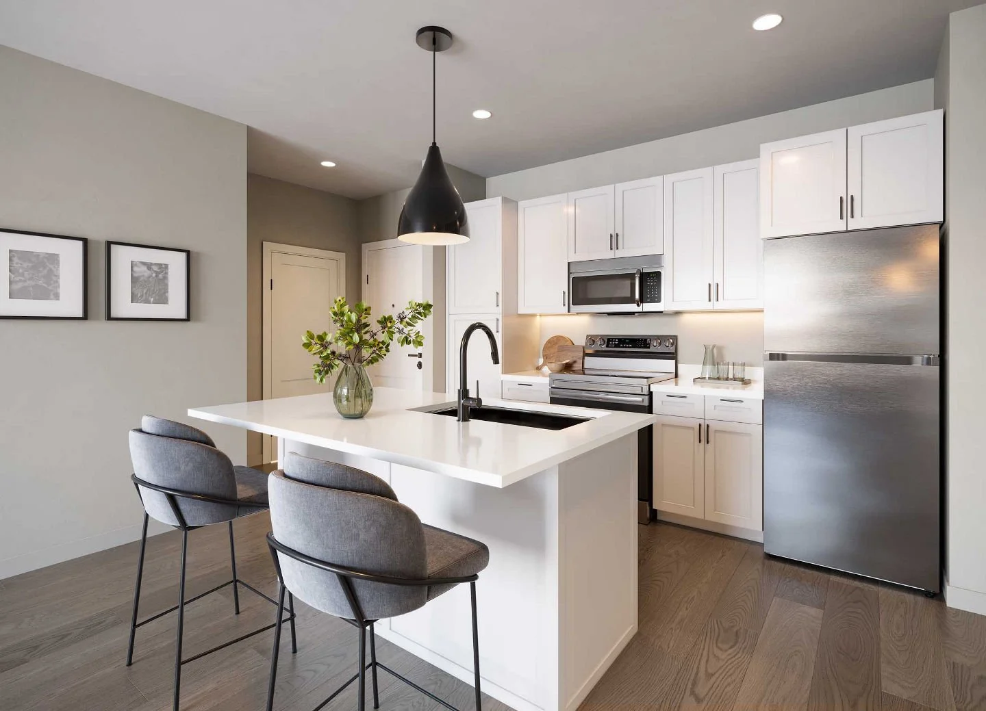 Elevate your everyday culinary experience. 
✨ At Quincy Lofts, our upcoming kitchens are designed to be as functional as they are beautiful. Imagine preparing meals surrounded by premium quartz countertops, sleek stainless-steel appliances, and conte