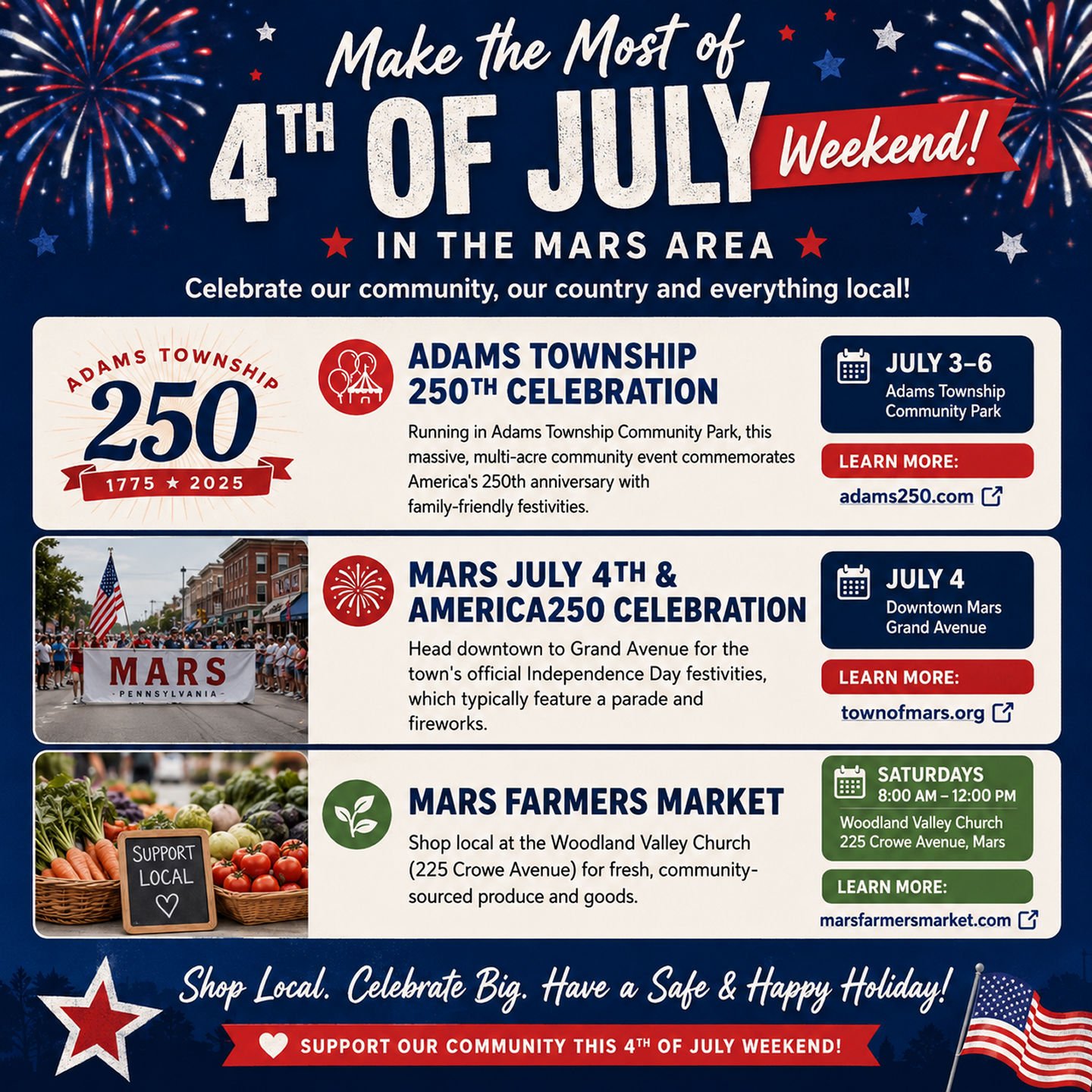 🎆 Looking for something fun to do this Fourth of July weekend? ❤️🤍💙

Whether you're celebrating with family, shopping local, or enjoying fireworks, there's plenty happening around the Mars area!🎉

Adams Township 250th Celebration
Celebrate Americ