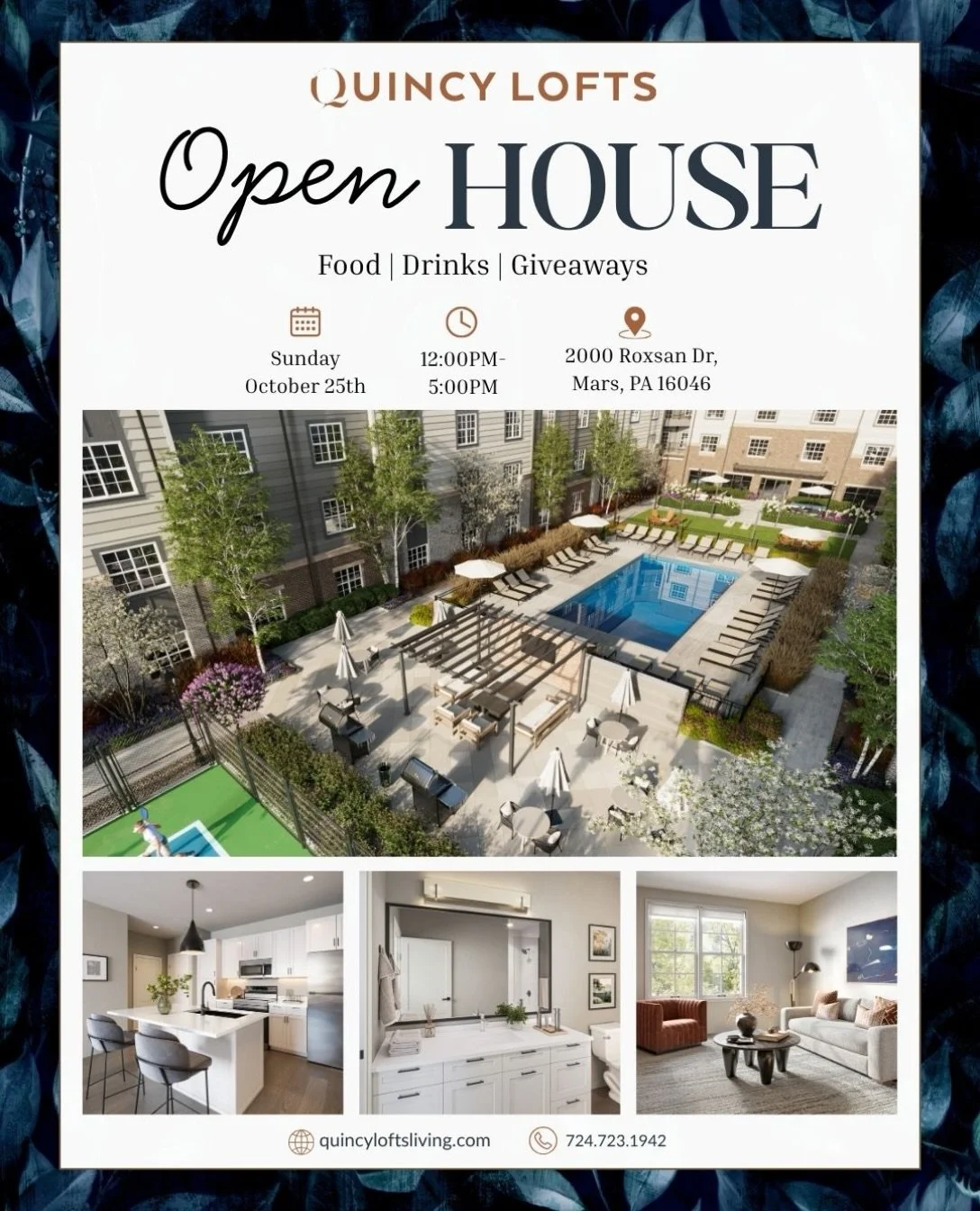 ✨ Your next chapter starts at Quincy Lofts! 🏡

Join us for an afternoon of food, drinks, giveaways, and a look at elevated apartment living. 🥂 Explore our community, tour your future home, and see what makes Quincy Lofts special!

📅 Sunday, Octobe